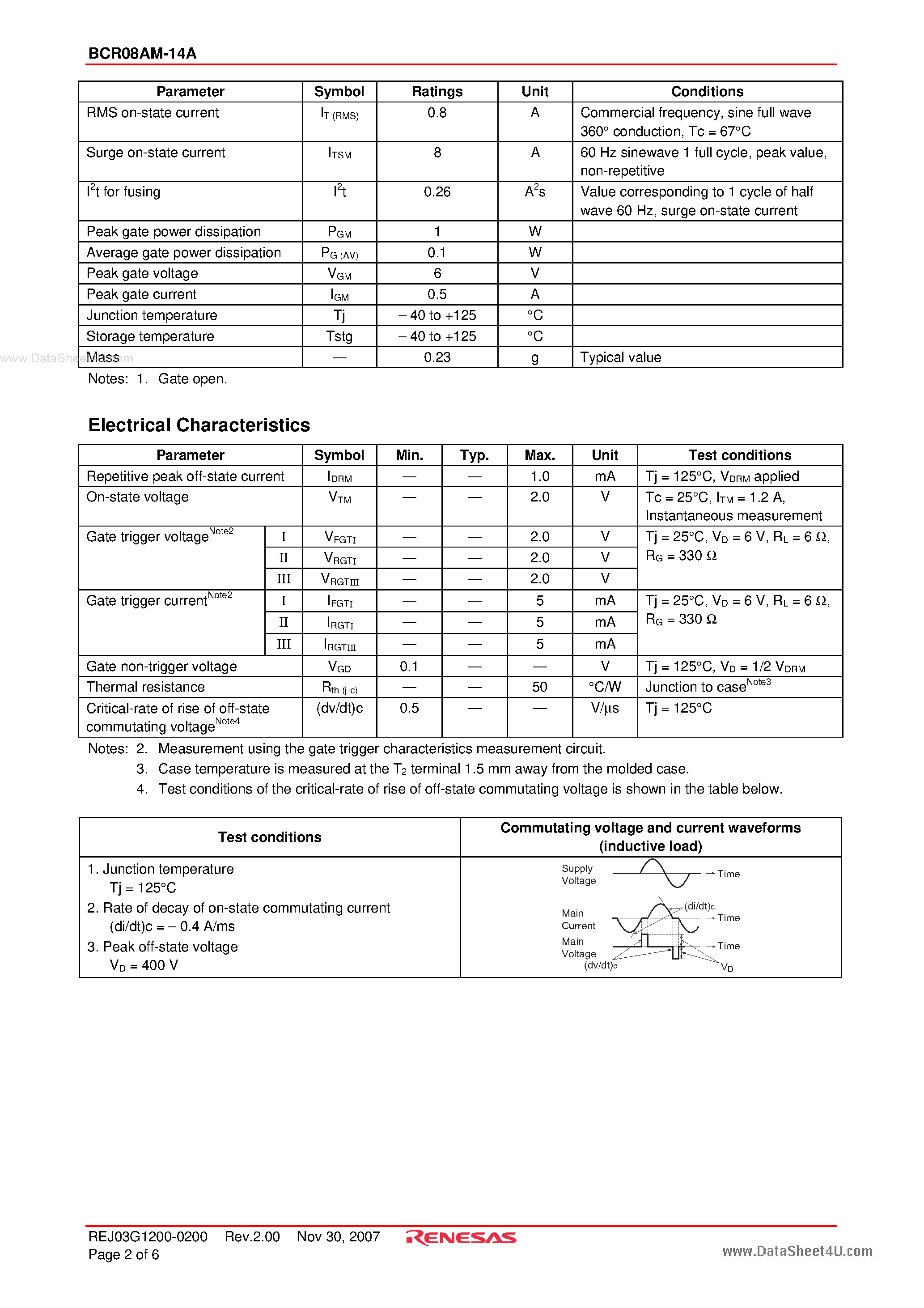 Datasheet BCR08AM-14A - Triac Low Power Use page 2