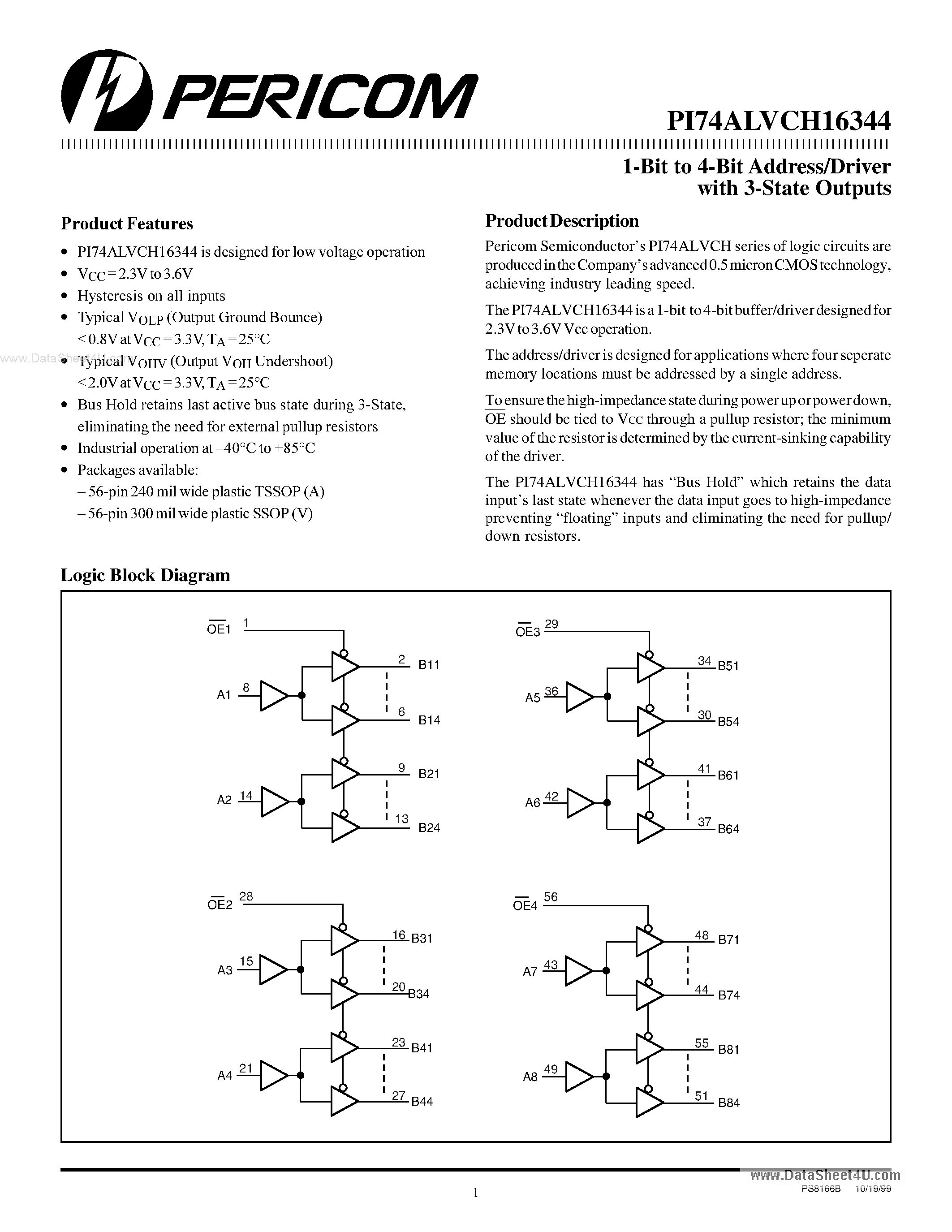 Даташит PI74ALVCH16344 - 1-Bit to 4-Bit Address/Driver страница 1