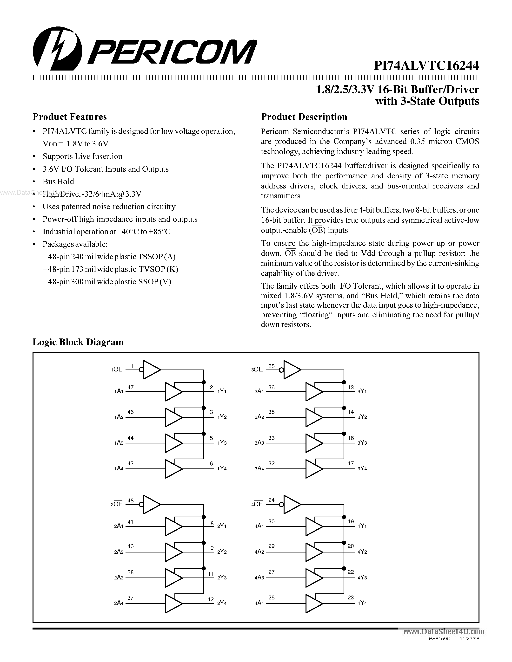 Даташит PI74ALVTC16244 - 1.8/2.5/3.3V 16-Bit Buffer/Driver страница 1