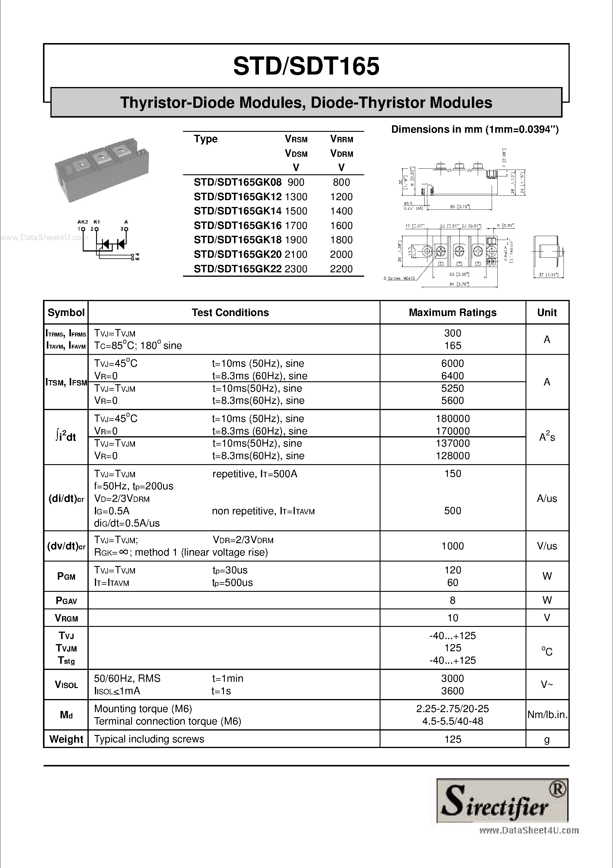 Даташит STD165 - Thyristor-Diode Modules страница 1