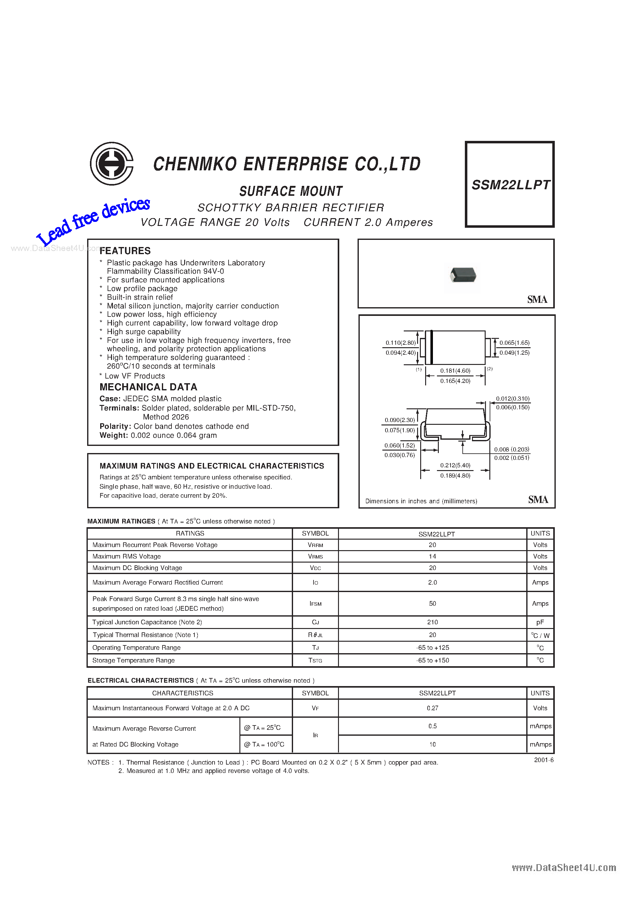 Даташит SSM22LLPT - SCHOTTKY BARRIER RECTIFIER VOLTAGE RANGE 20 Volts CURRENT 2.0 Amperes страница 1