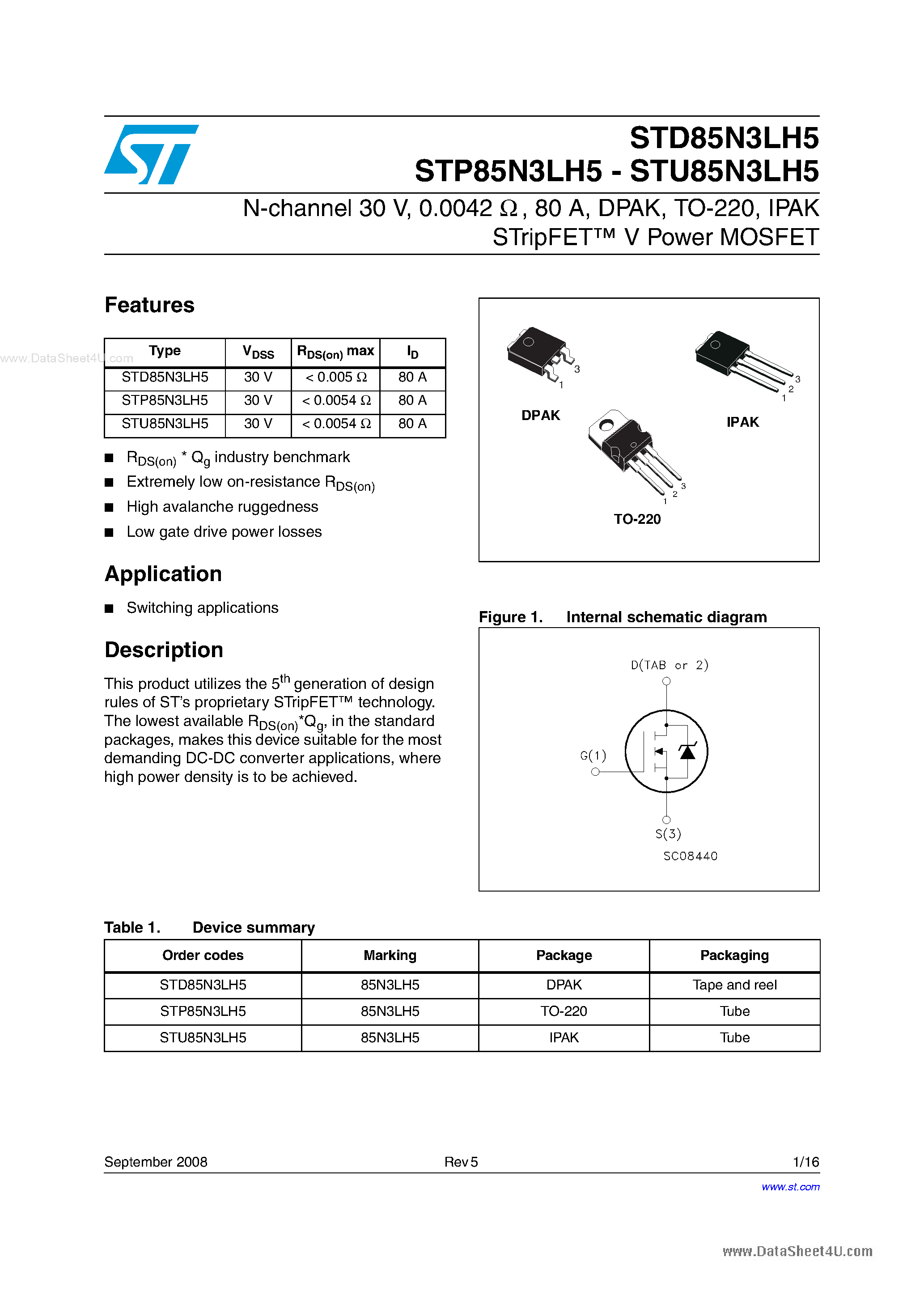 Datasheet STU85N3LH5 - N-channel Power MOSFET page 1