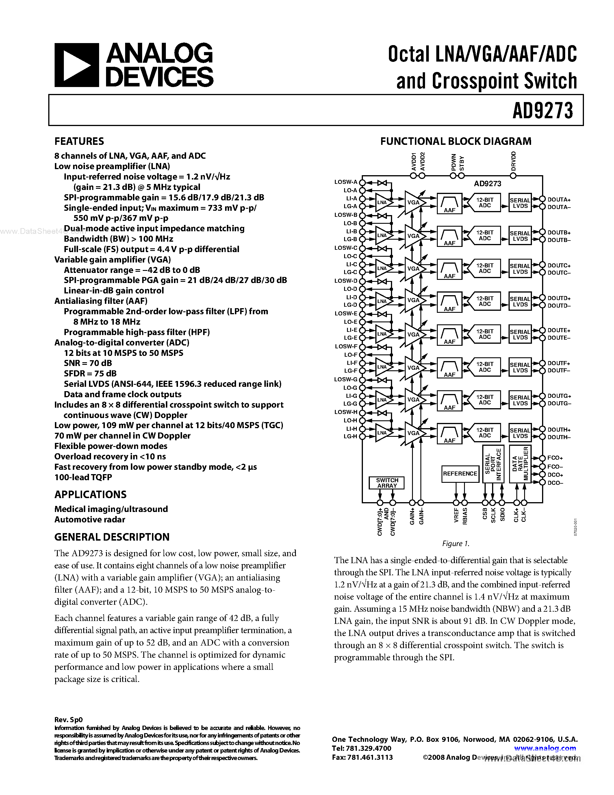 Datasheet AD9273 - Octal LNA/VGA/AAF/ADC and Crosspoint Switch page 1