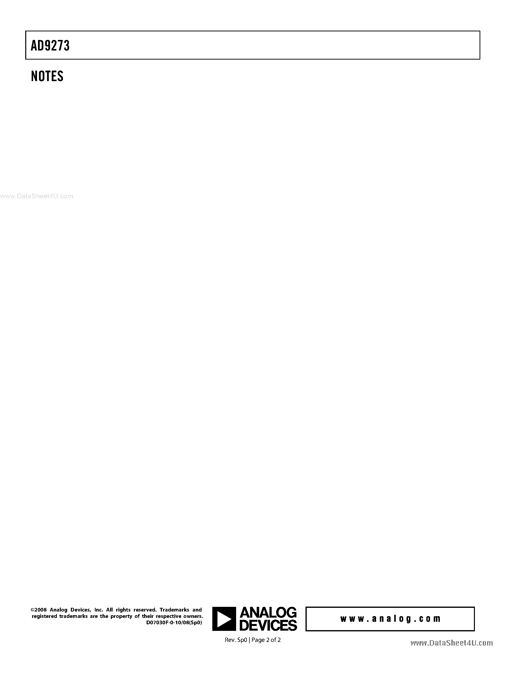 Datasheet AD9273 - Octal LNA/VGA/AAF/ADC and Crosspoint Switch page 2
