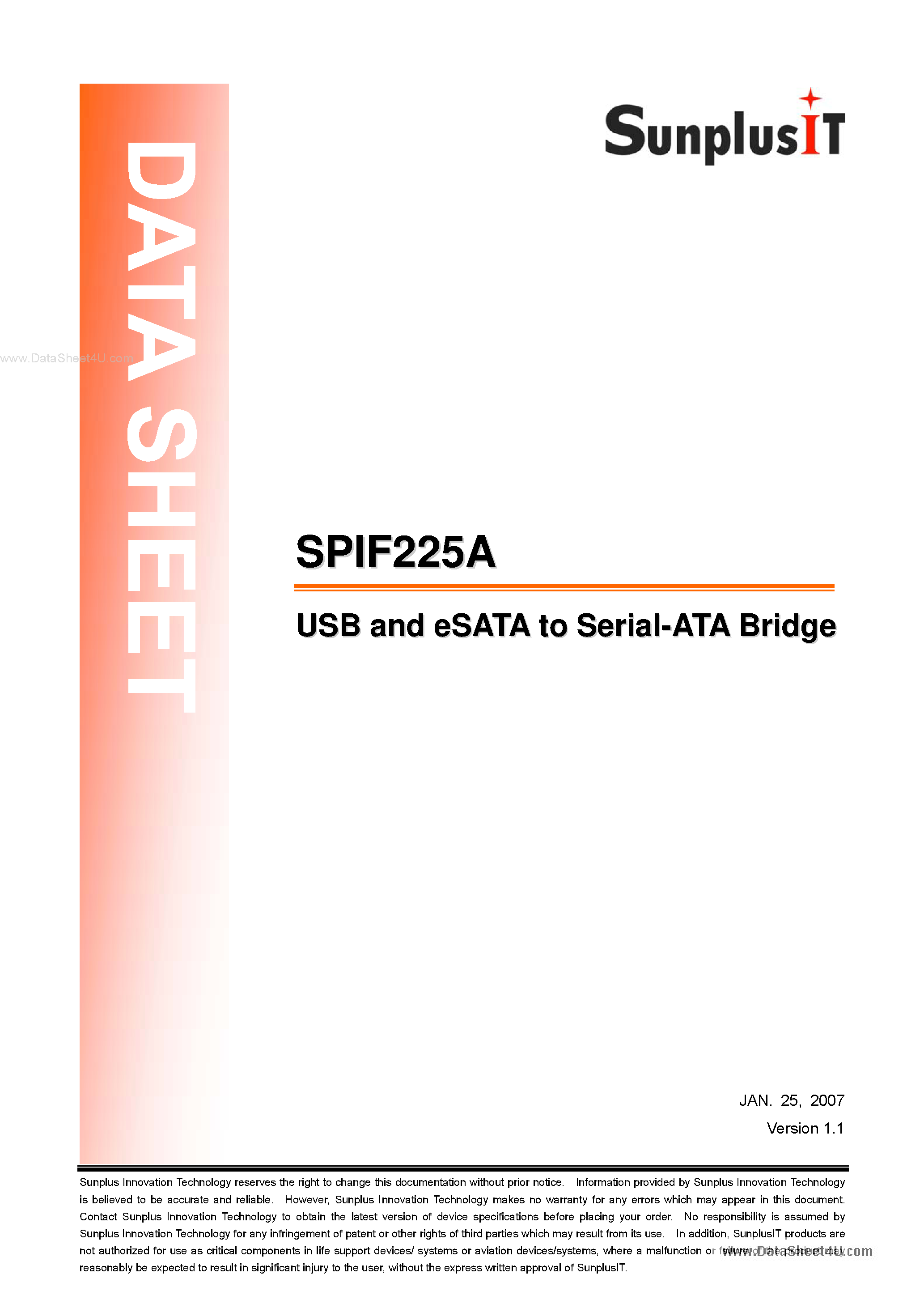 Даташит SPIF225A - USB and eSTAT to Serial-ATA Bridge страница 1