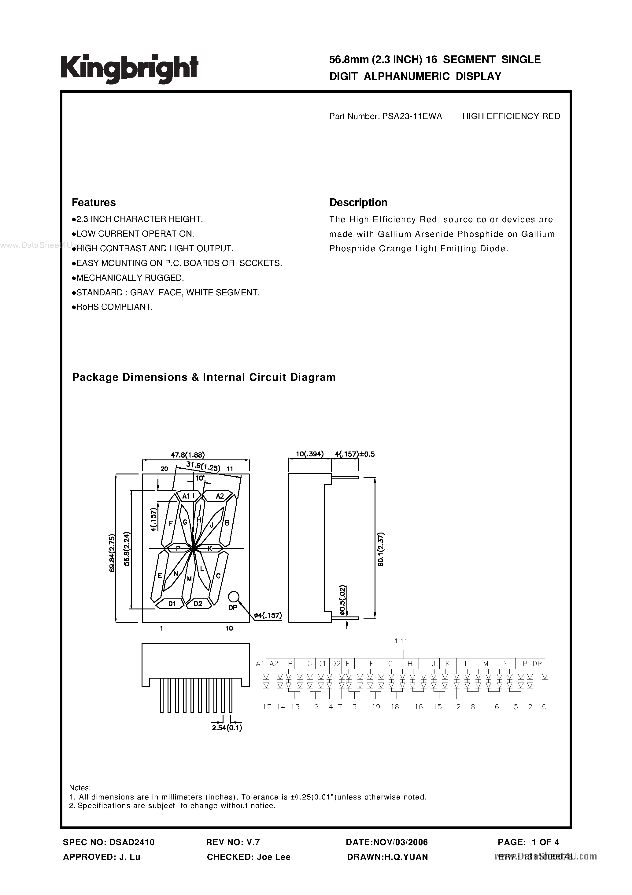 Даташит PSA23-11EWA - 56.8mm (2.3 INCH) 16 SEGMENT SINGLE DIGIT ALPHANUMERIC DISPLAY страница 1