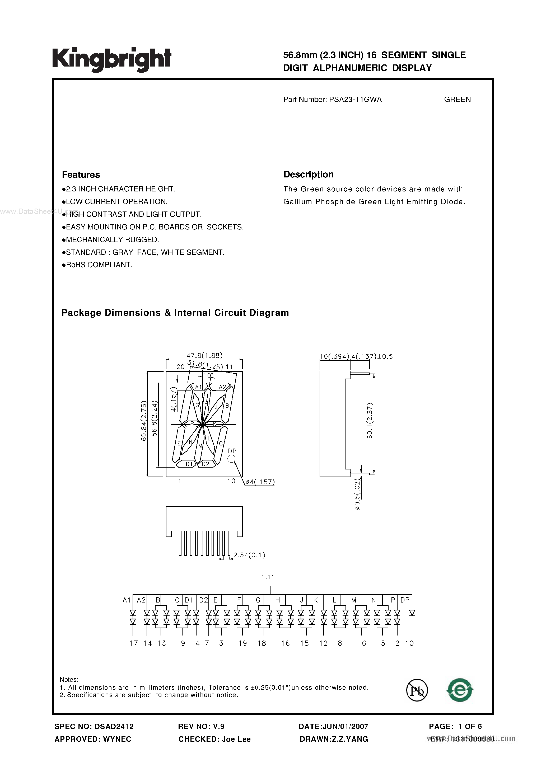 Даташит PSA23-11GWA - 56.8mm (2.3 INCH) 16 SEGMENT SINGLE DIGIT ALPHANUMERIC DISPLAY страница 1