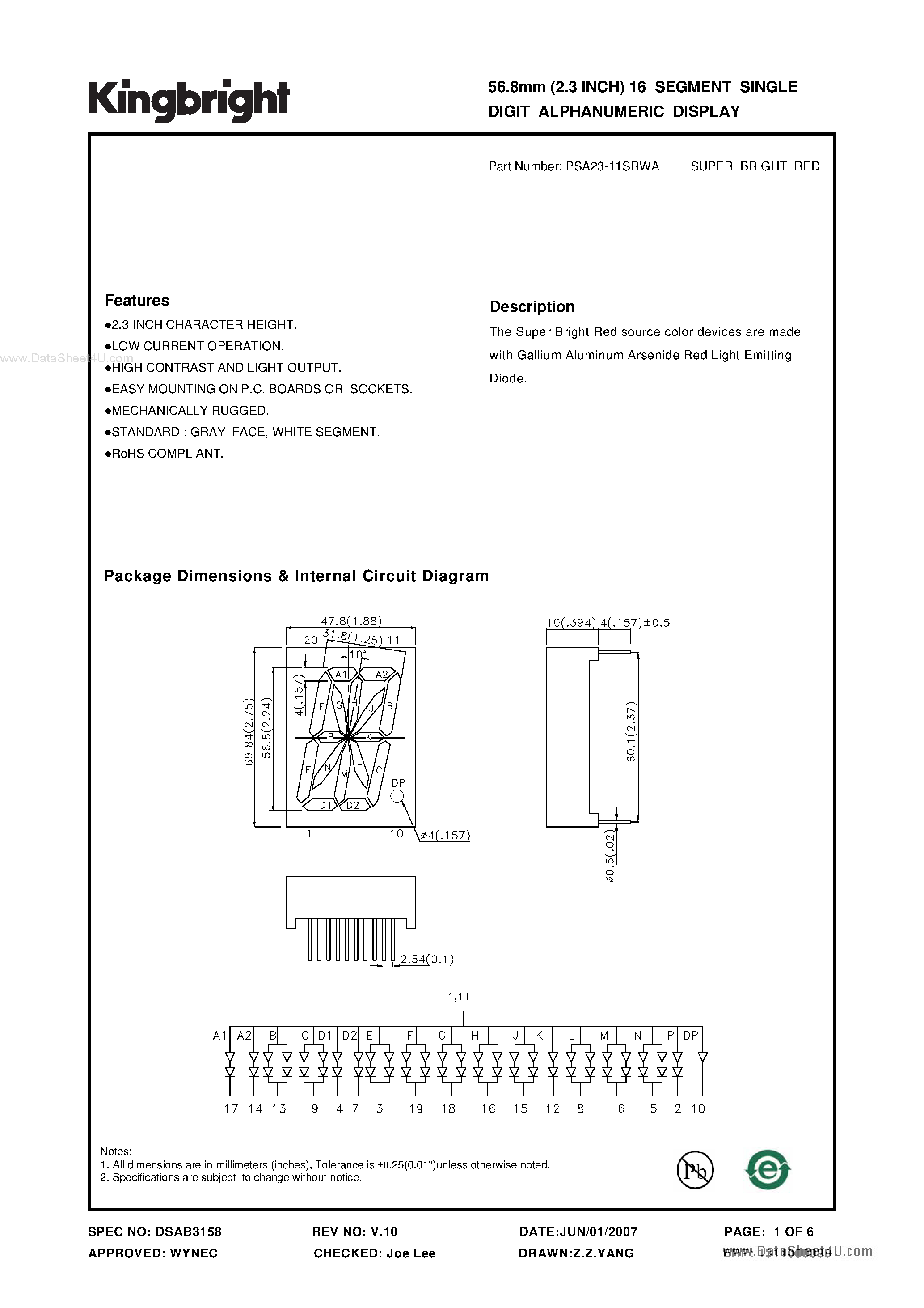 Даташит PSA23-11SRWA - 56.8mm (2.3 INCH) 16 SEGMENT SINGLE DIGIT ALPHANUMERIC DISPLAY страница 1