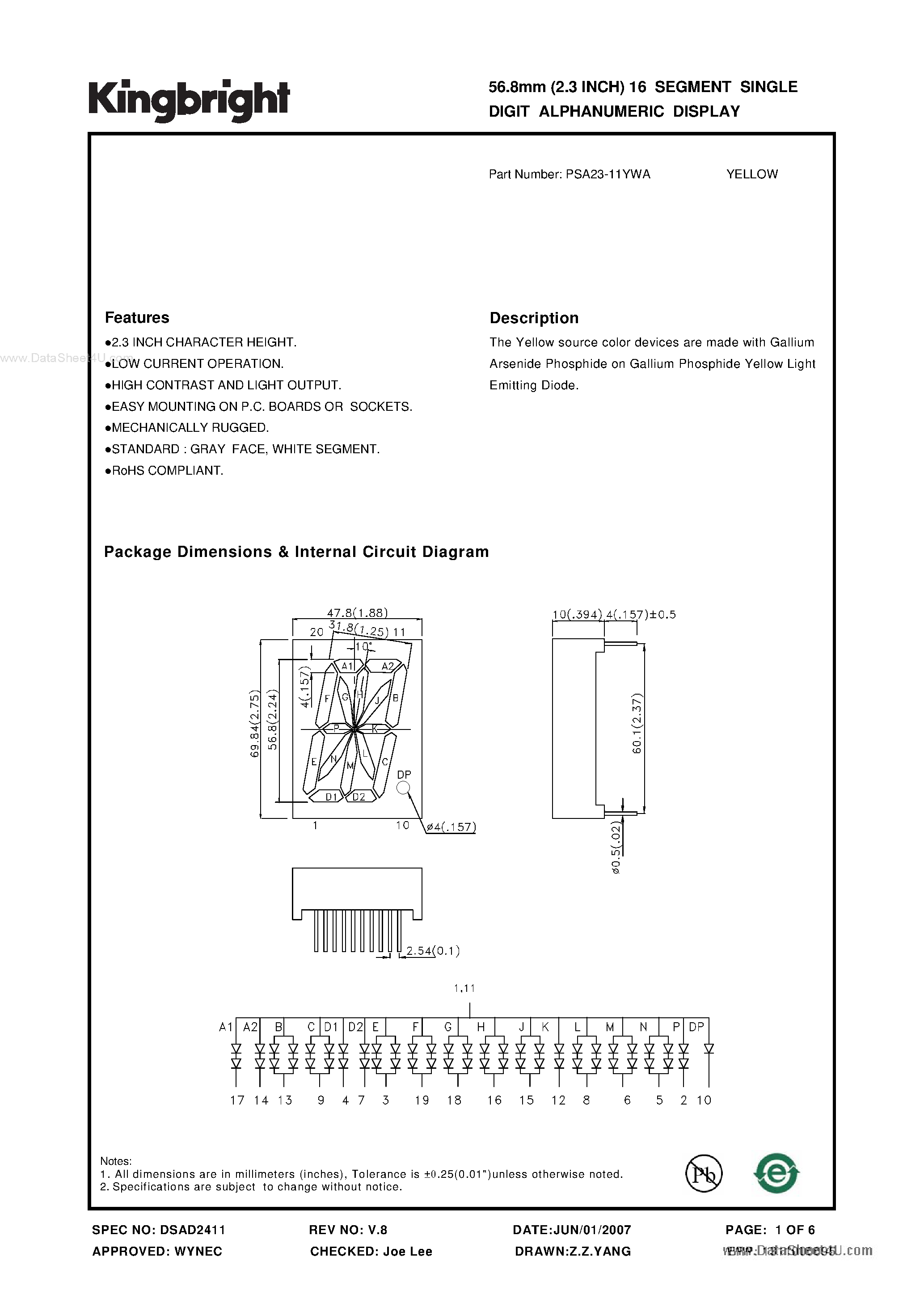 Даташит PSA23-11YWA - 56.8mm (2.3 INCH) 16 SEGMENT SINGLE DIGIT ALPHANUMERIC DISPLAY страница 1