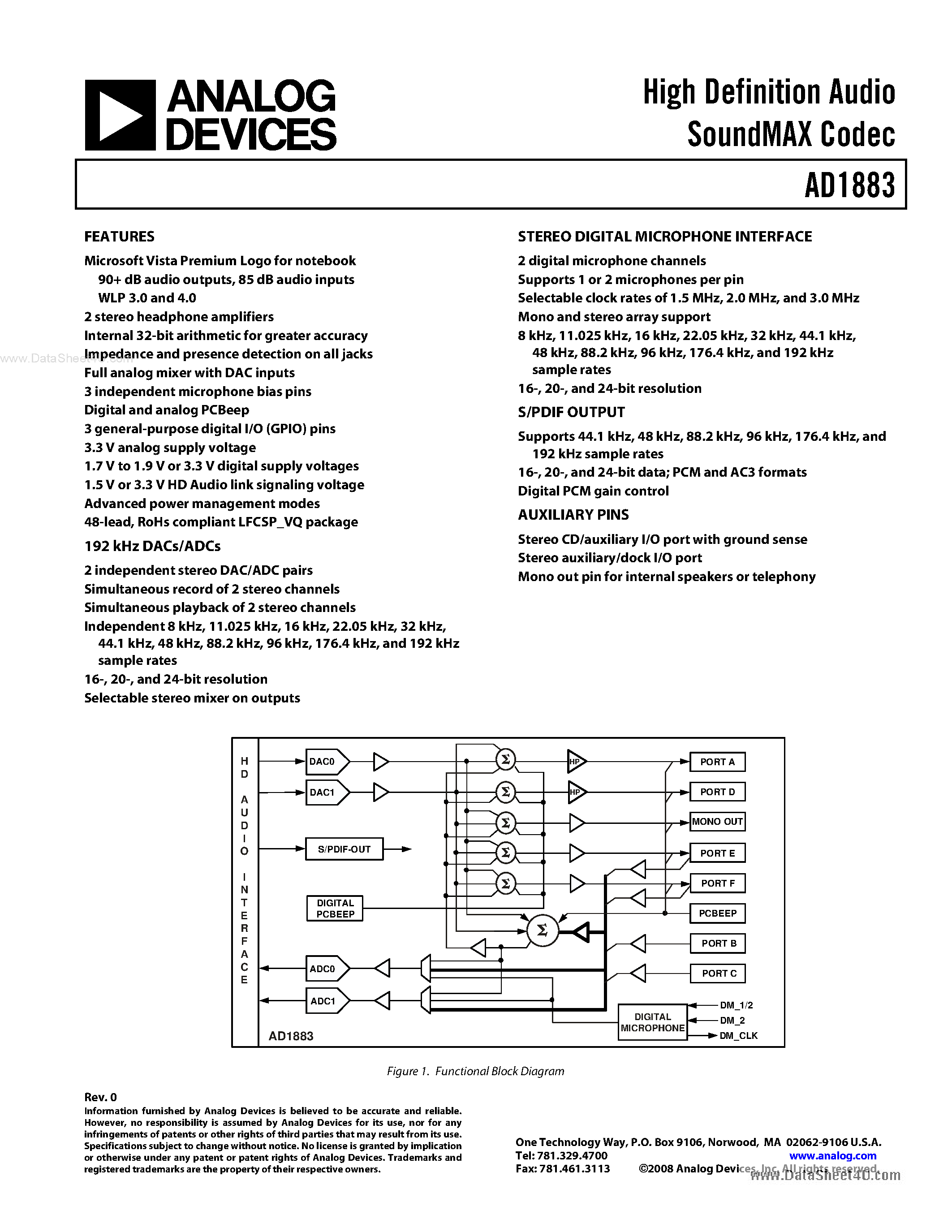 Даташит AD1883 - High Definition Audio SoundMAX Codec страница 1