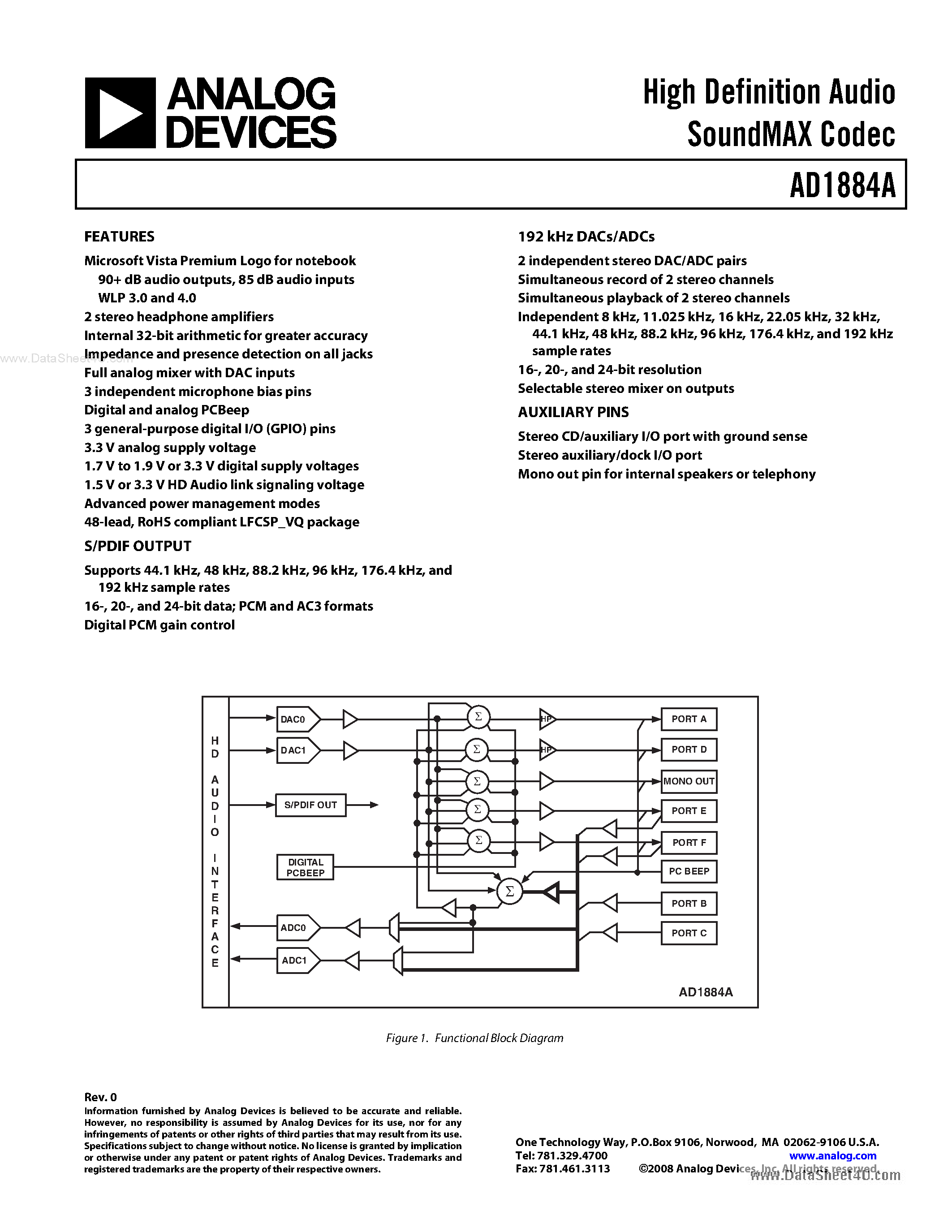 Даташит AD1884A - High Definition Audio SoundMAX Codec страница 1