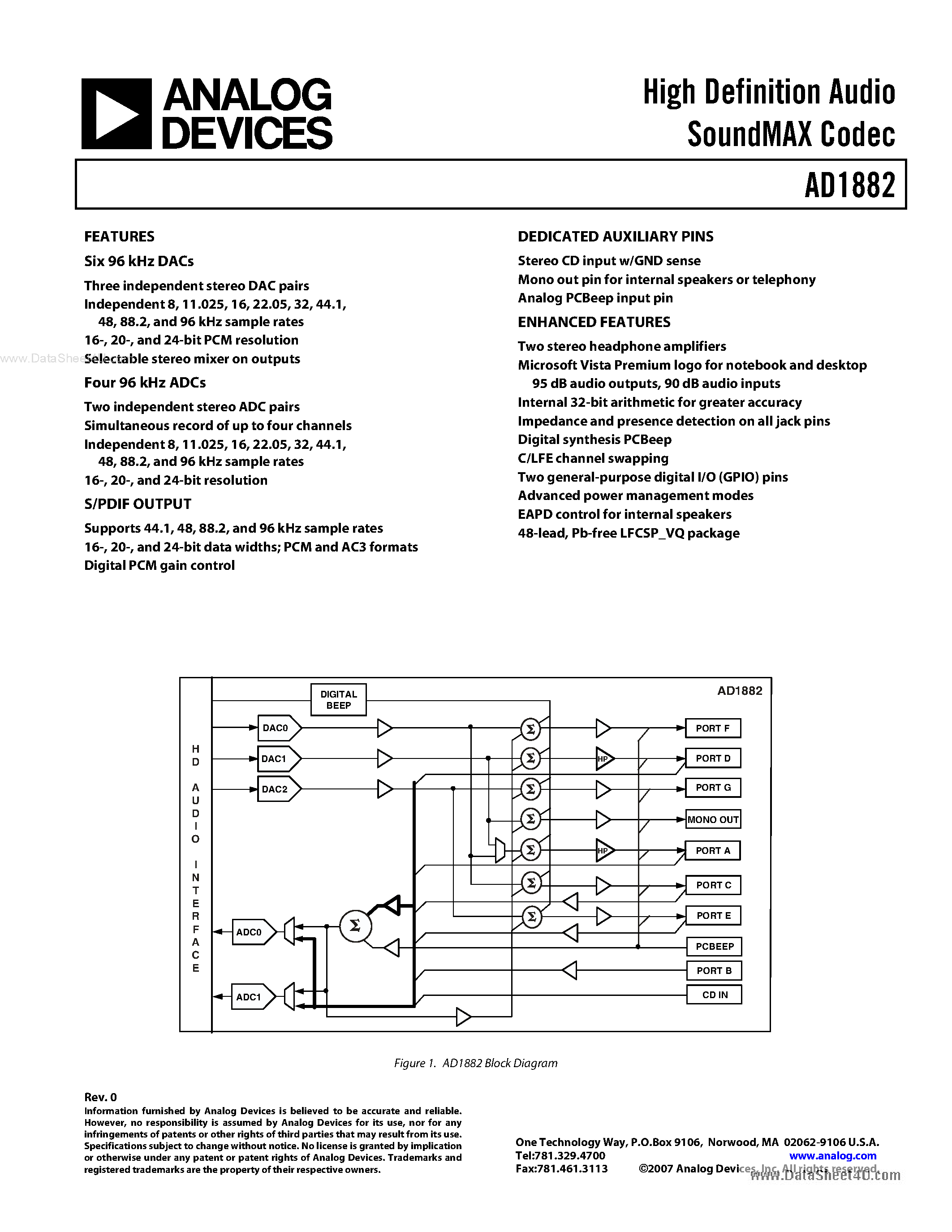 Даташит AD1882 - High Definition Audio SoundMAX Codec страница 1