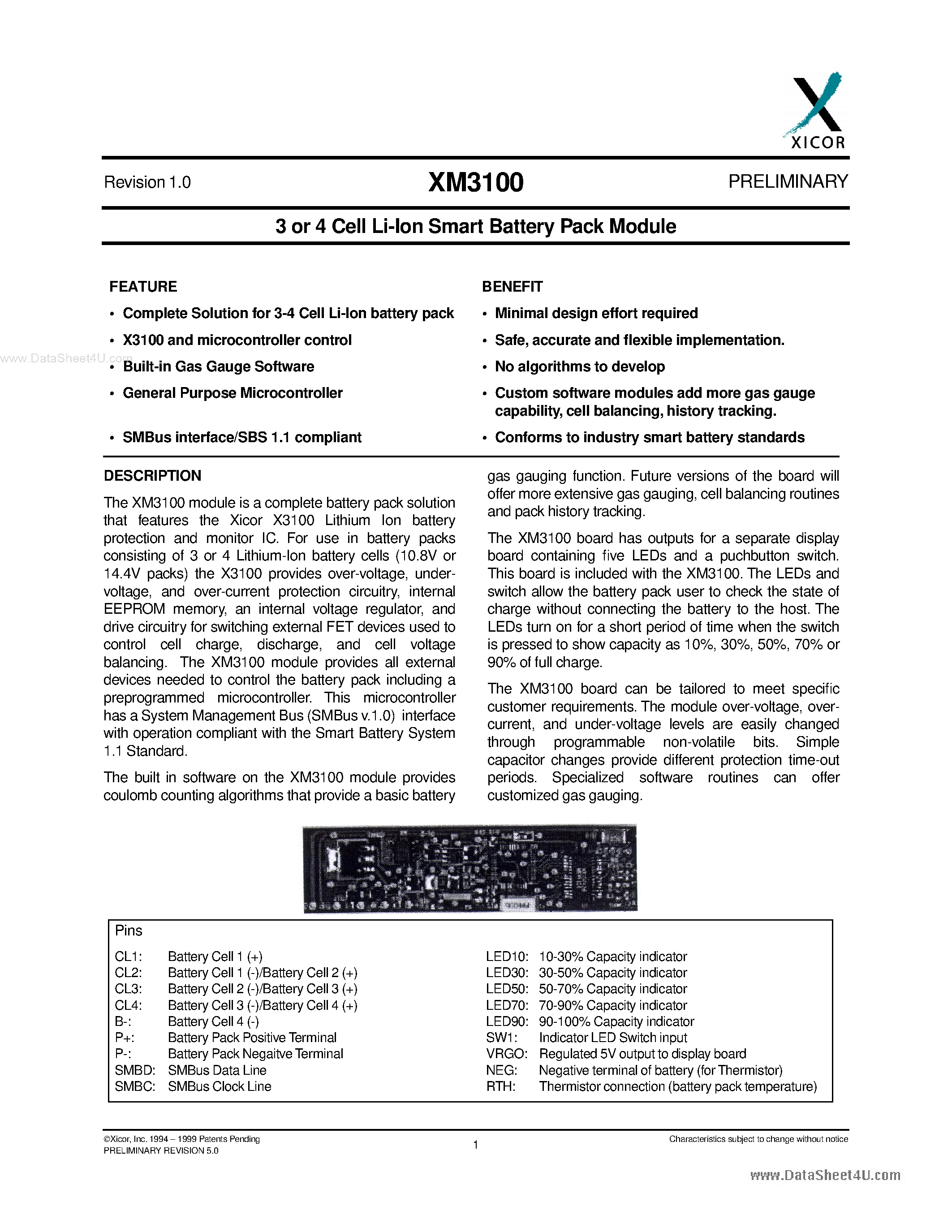 Datasheet XM3100 - 3 or 4 Cell Li-ion Smart Battery Pack Module page 1