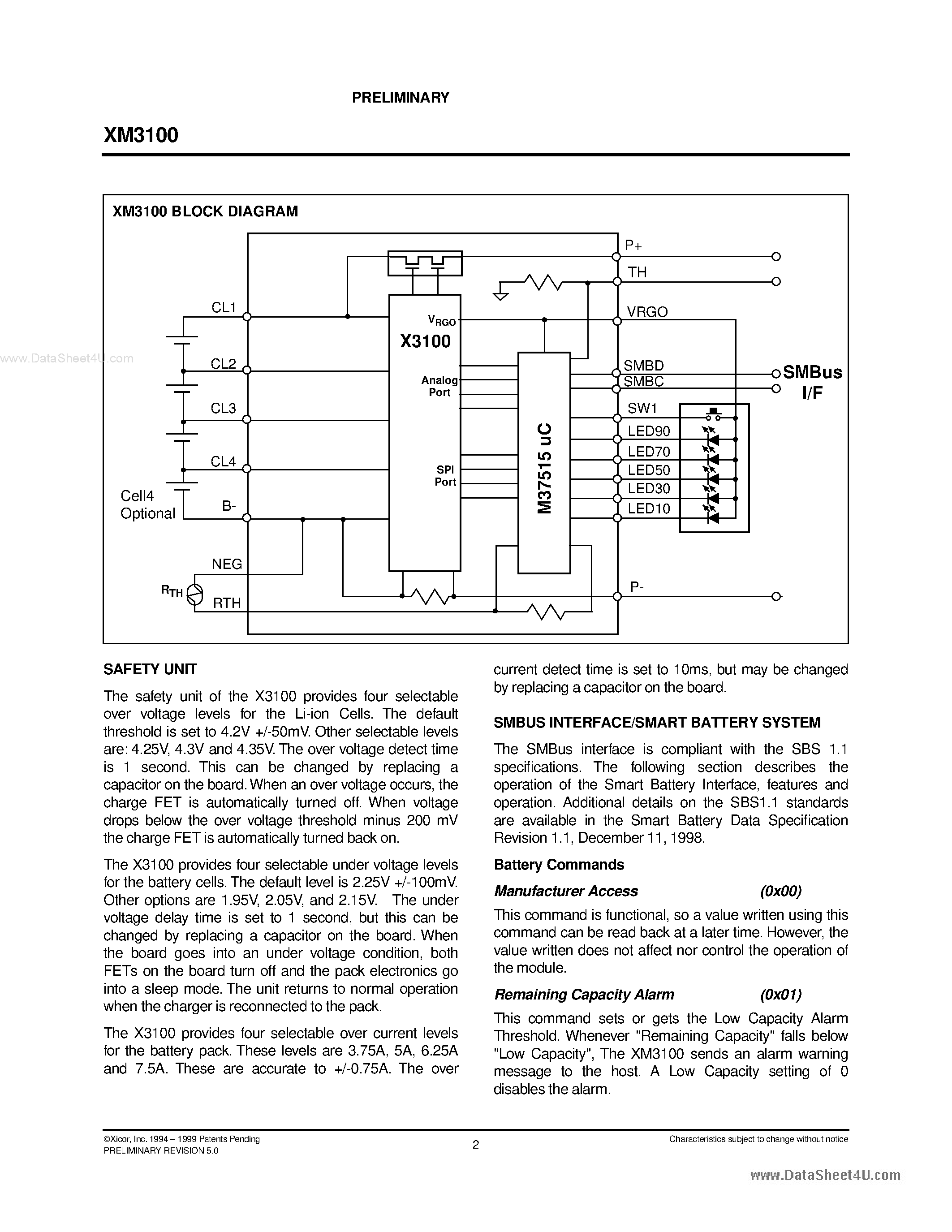 Datasheet XM3100 - 3 or 4 Cell Li-ion Smart Battery Pack Module page 2