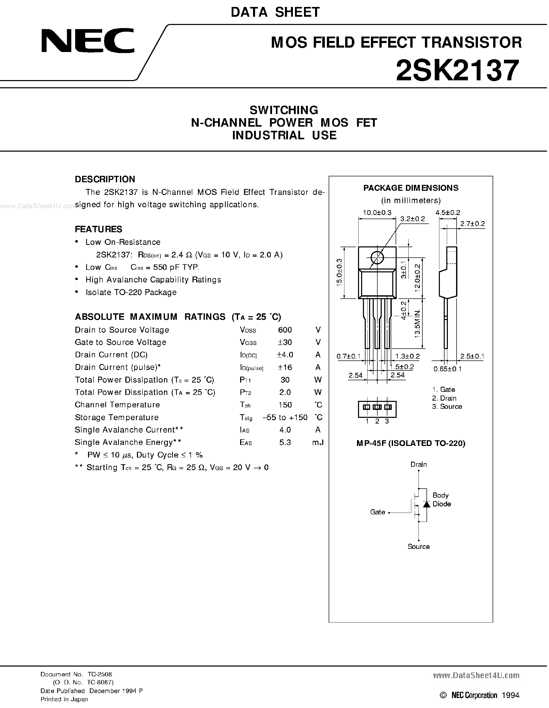 Datasheet K2137 - Search -----> 2SK2137 page 1