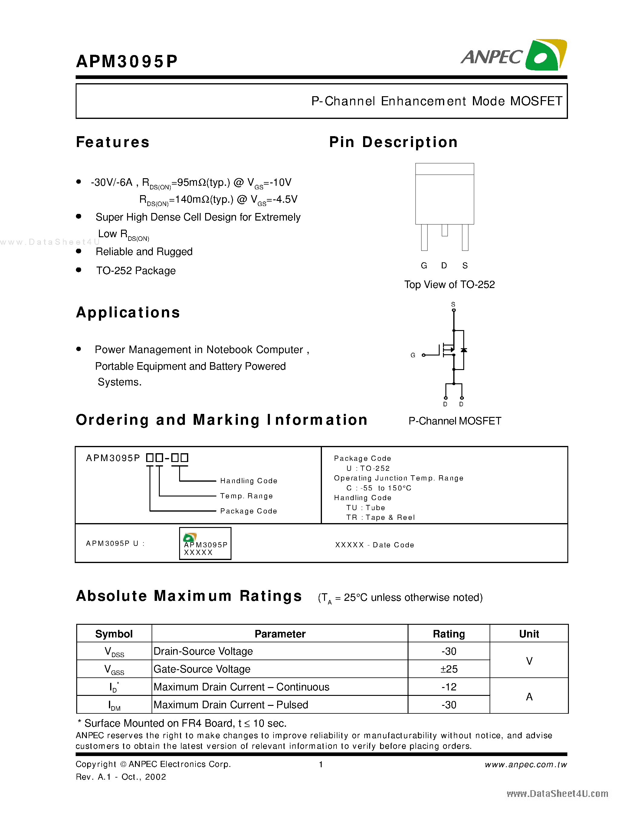 Даташит на микросхему APM3095P страница 1 Даташит APM3095P - P-Channel Enhancement Mode MOSFET страница 1