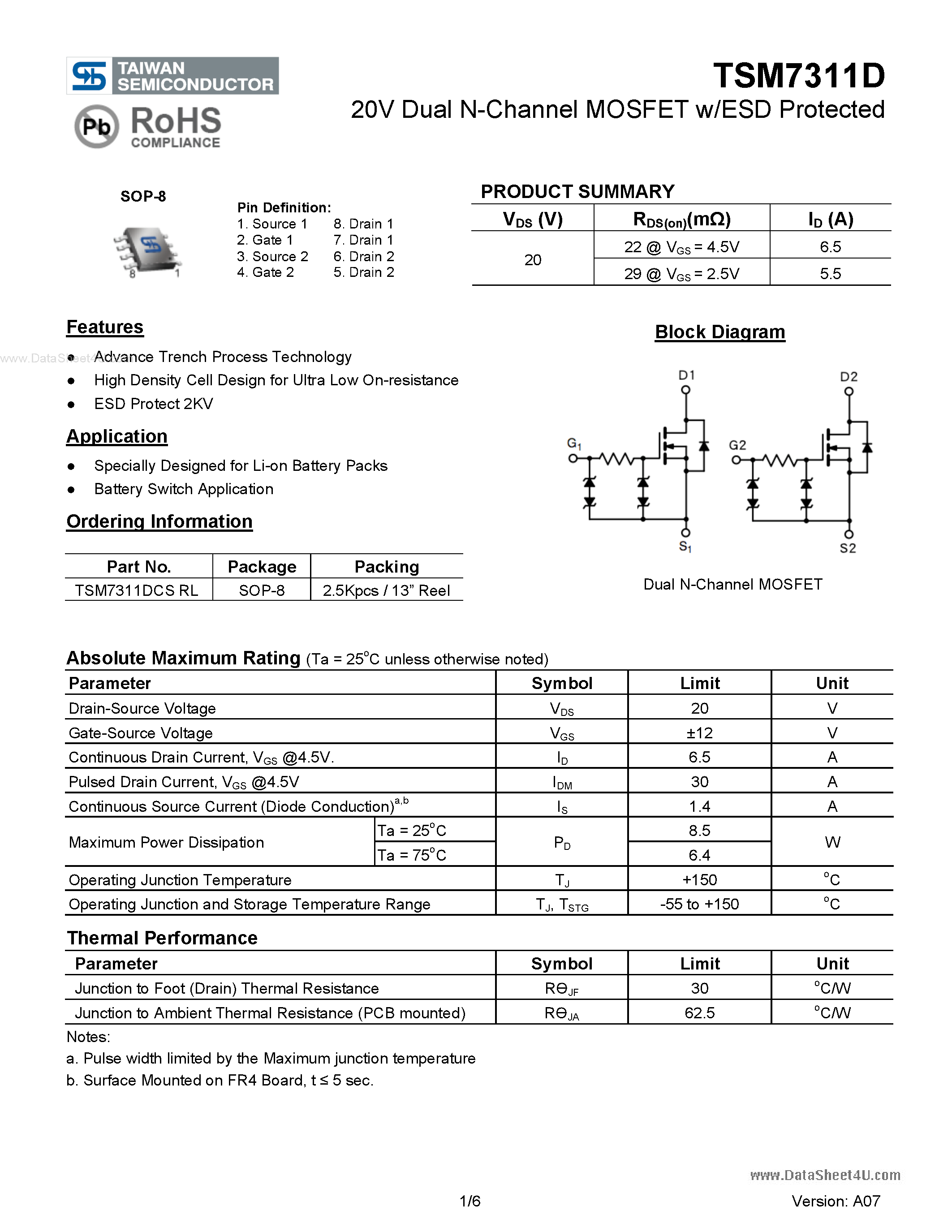 Даташит TSM7311D - 20V Dual N-Channel MOSFET w/ESD Protected страница 1