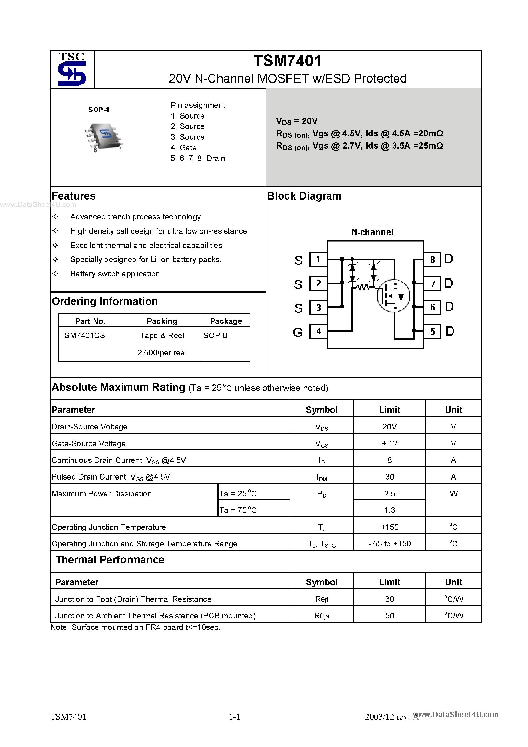 Даташит TSM7401 - 20V N-Channel MOSFET w/ESD Protected страница 1