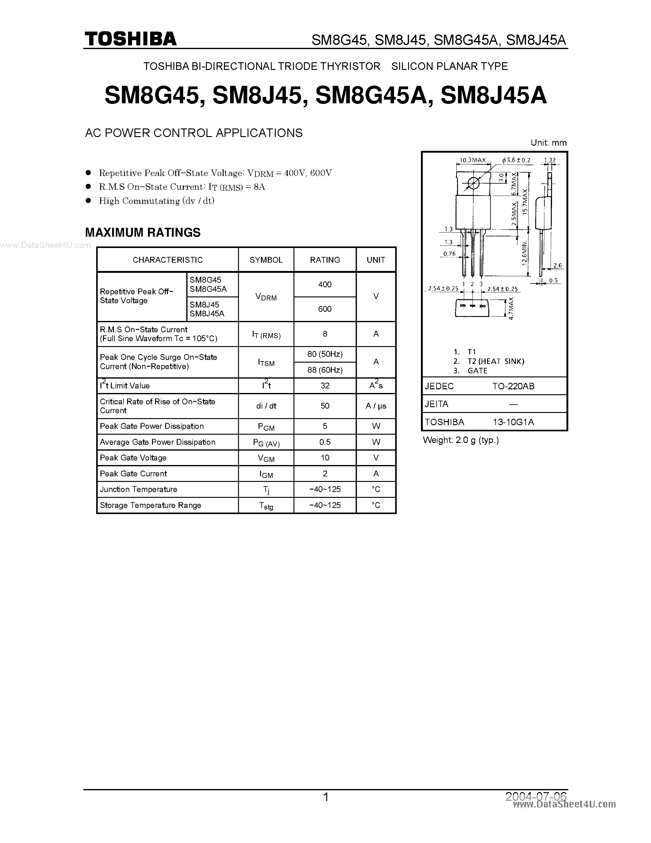 Datasheet SM8G45 - AC POWER CONTROL APPLICATIONS page 1