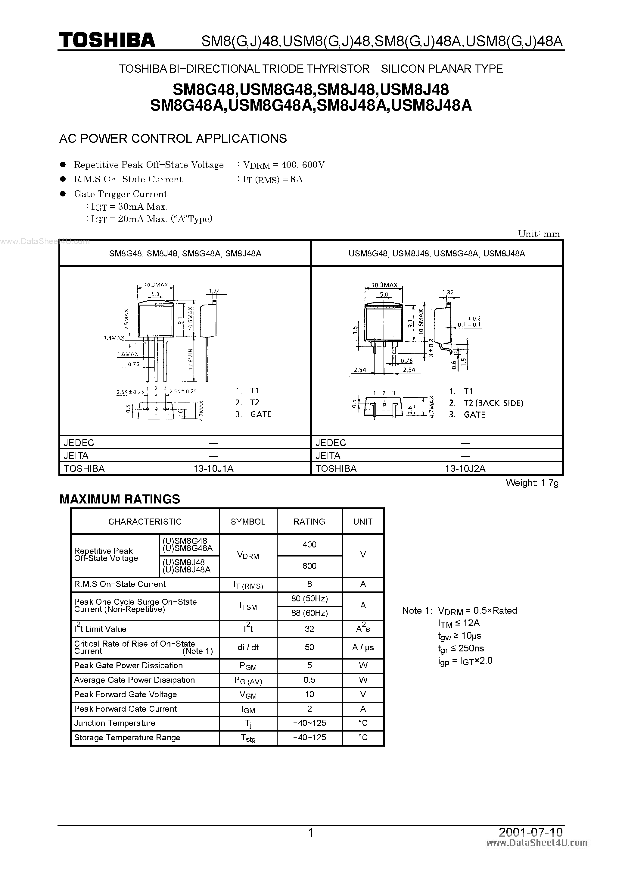 Datasheet SM8G48 - AC POWER CONTROL APPLICATIONS page 1