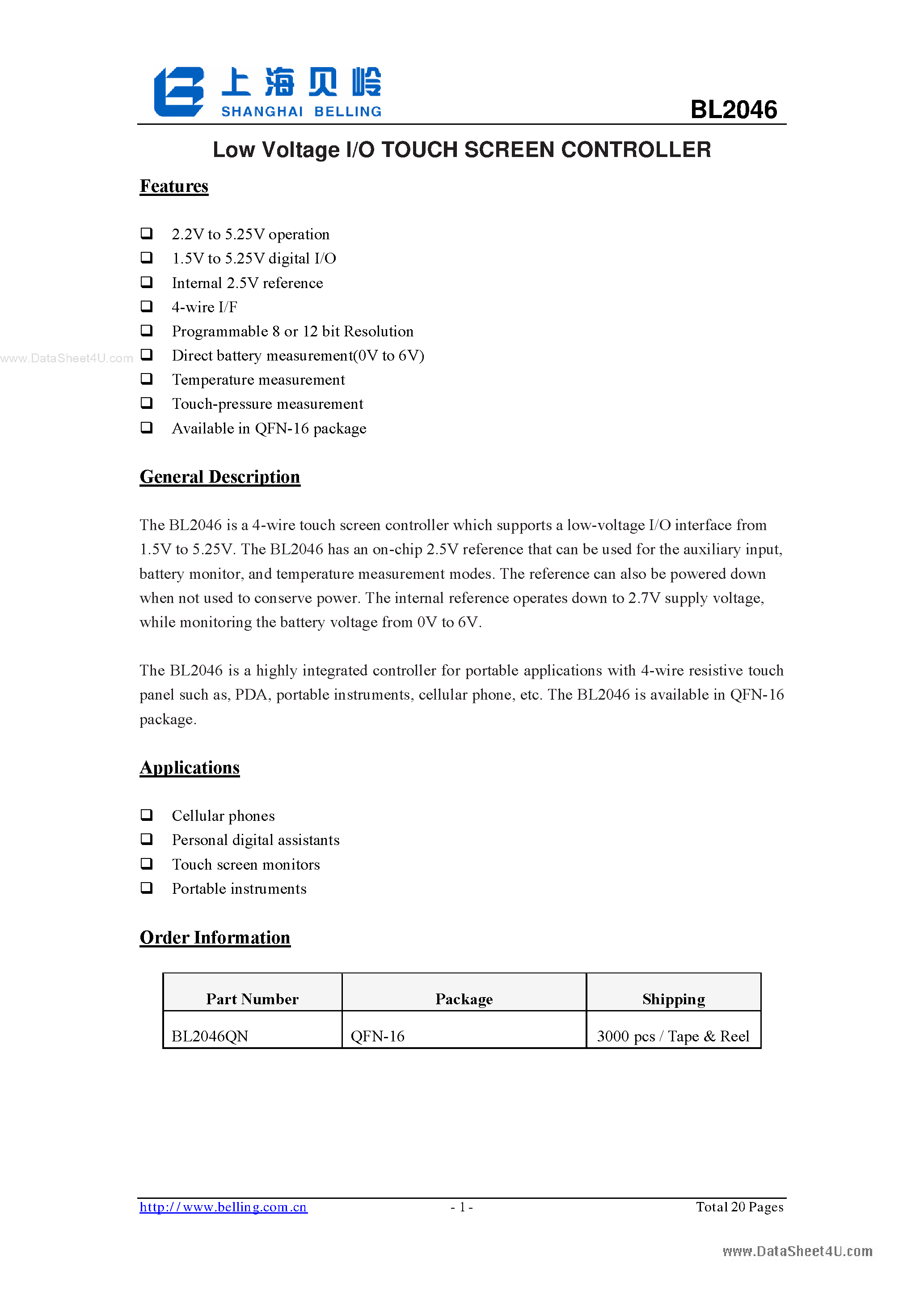 Даташит BL2046 - Low Voltage I/o Touch Screen Controller страница 1