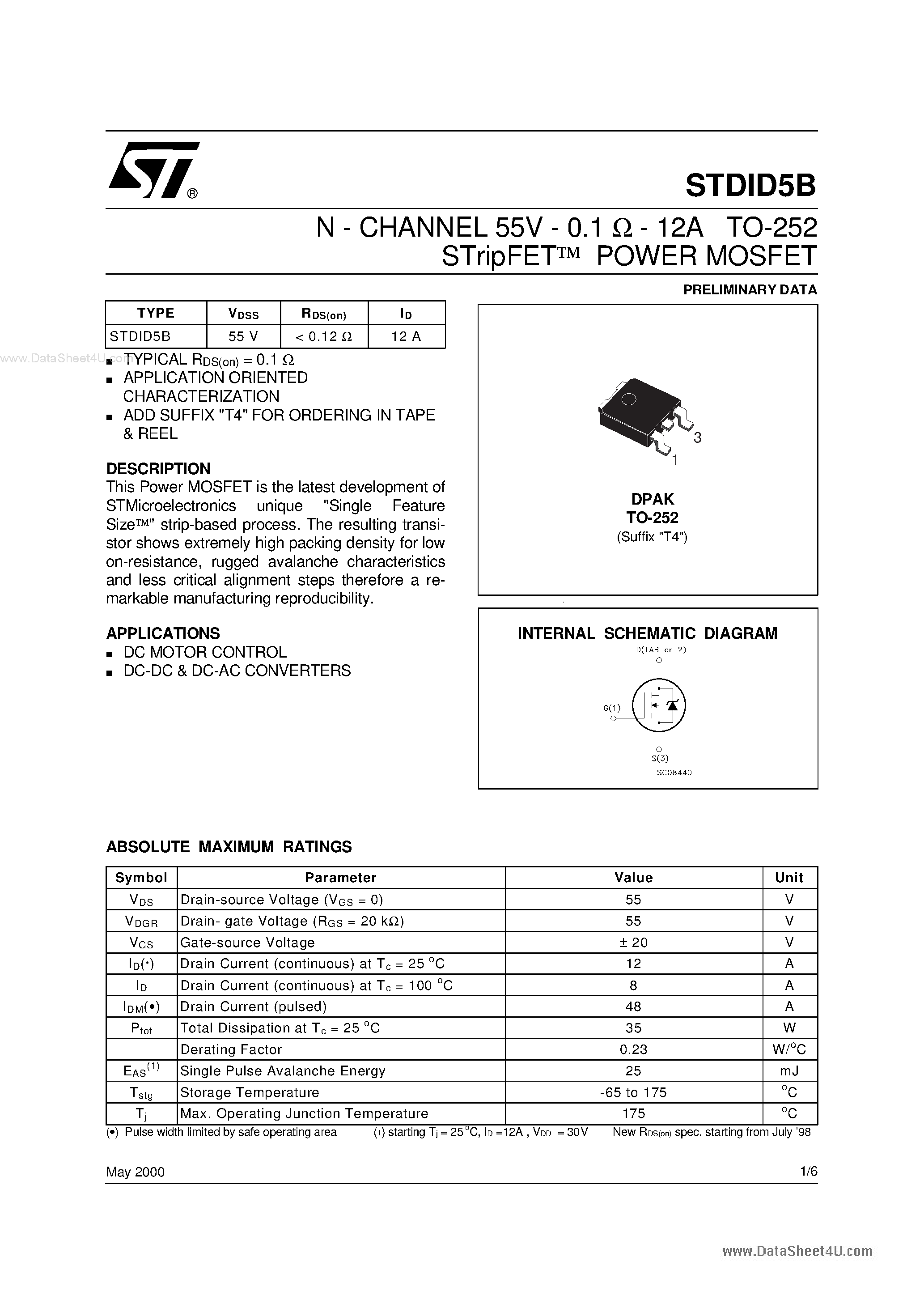 Даташит STDID5B - N-CHANNEL POWER MOSFET страница 1