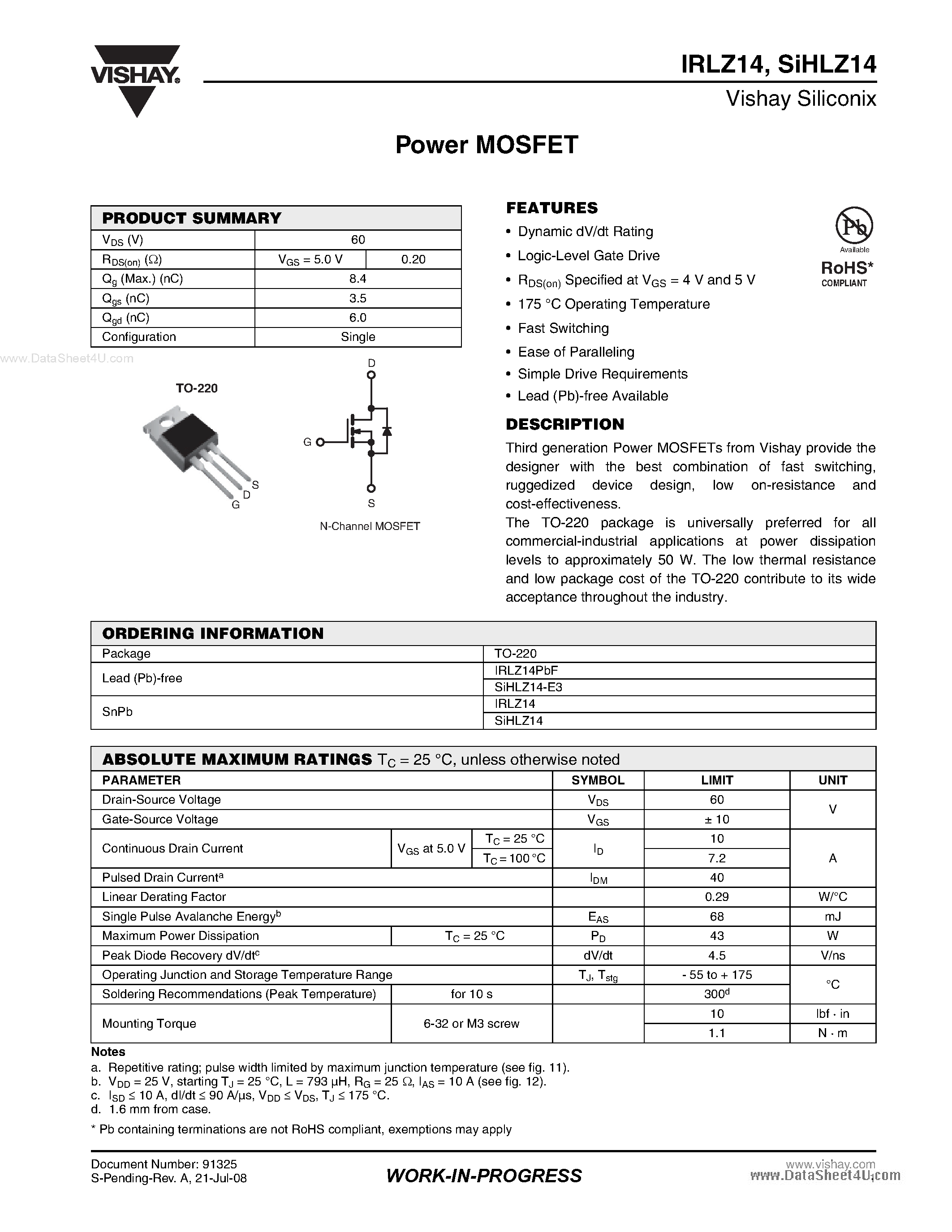 Datasheet IRLZ14 - Power MOSFET page 1