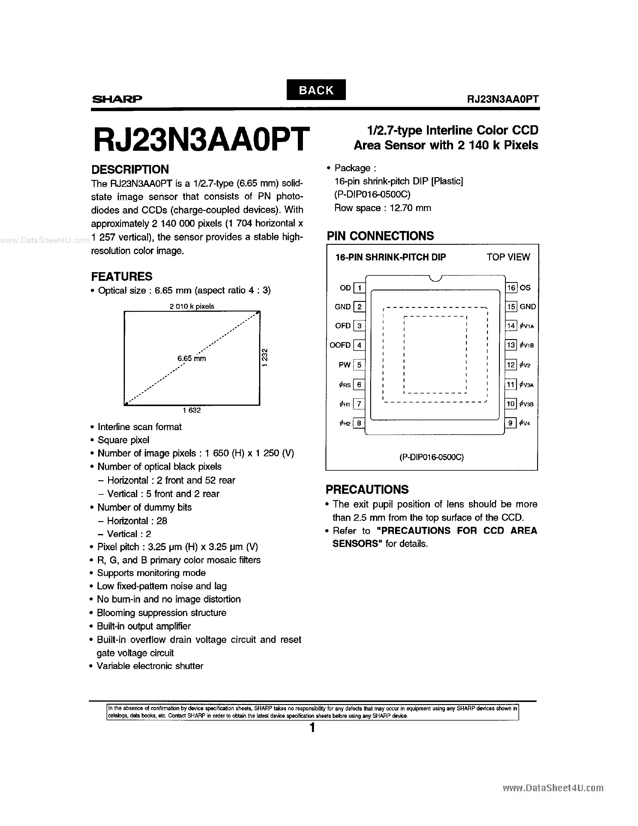 Datasheet RJ23N3AA0PT - 1/2.7-type Interline Color CCD Area Sensor page 1