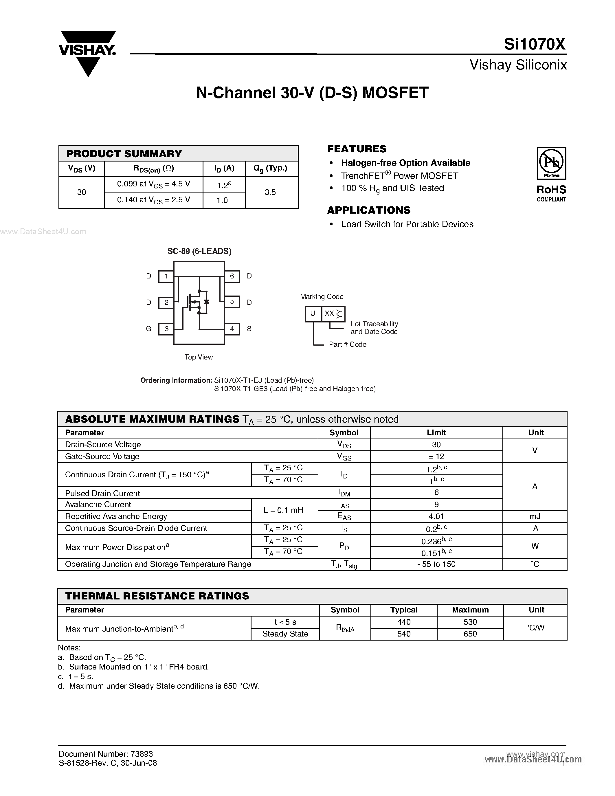 Datasheet SI1070X - N-Channel MOSFET page 1