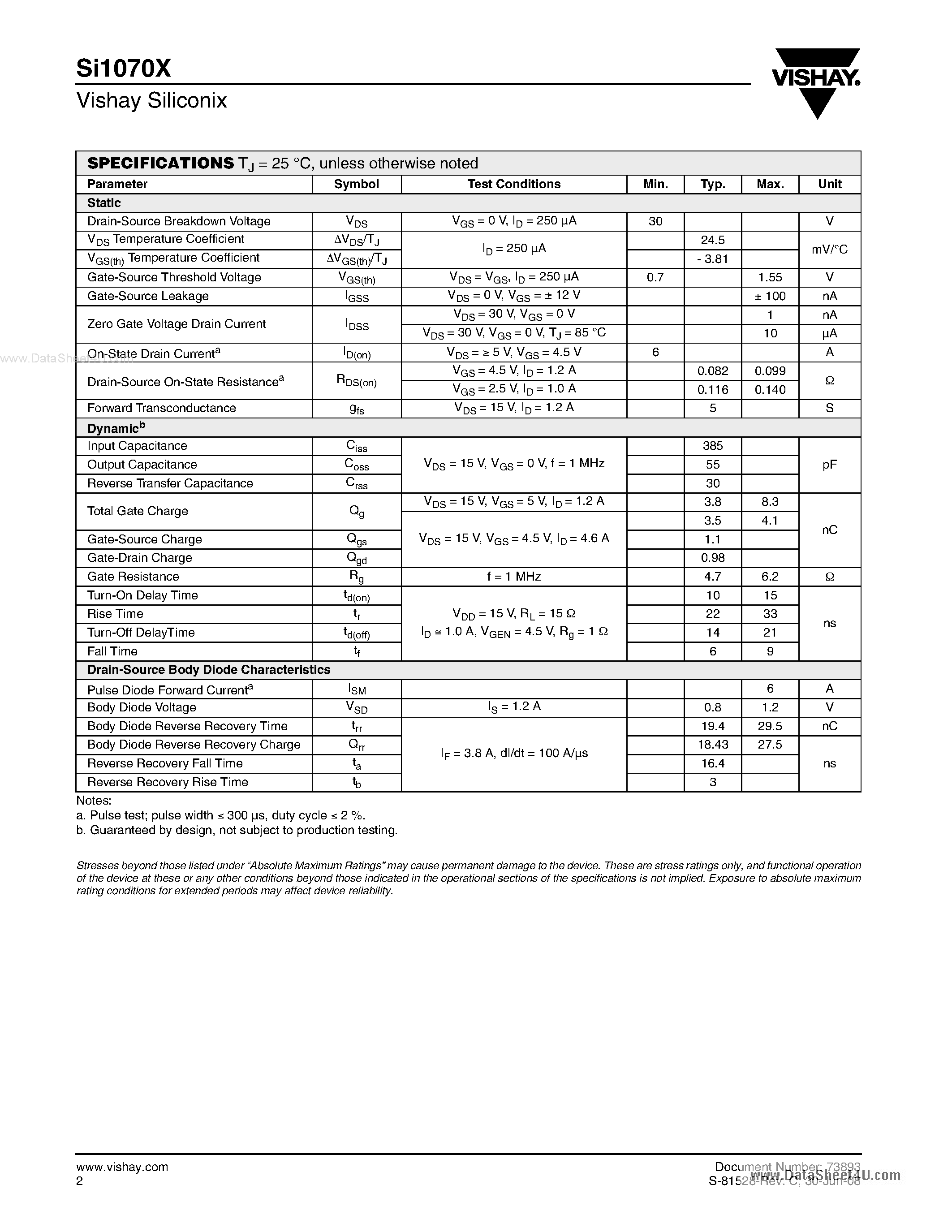 Datasheet SI1070X - N-Channel MOSFET page 2