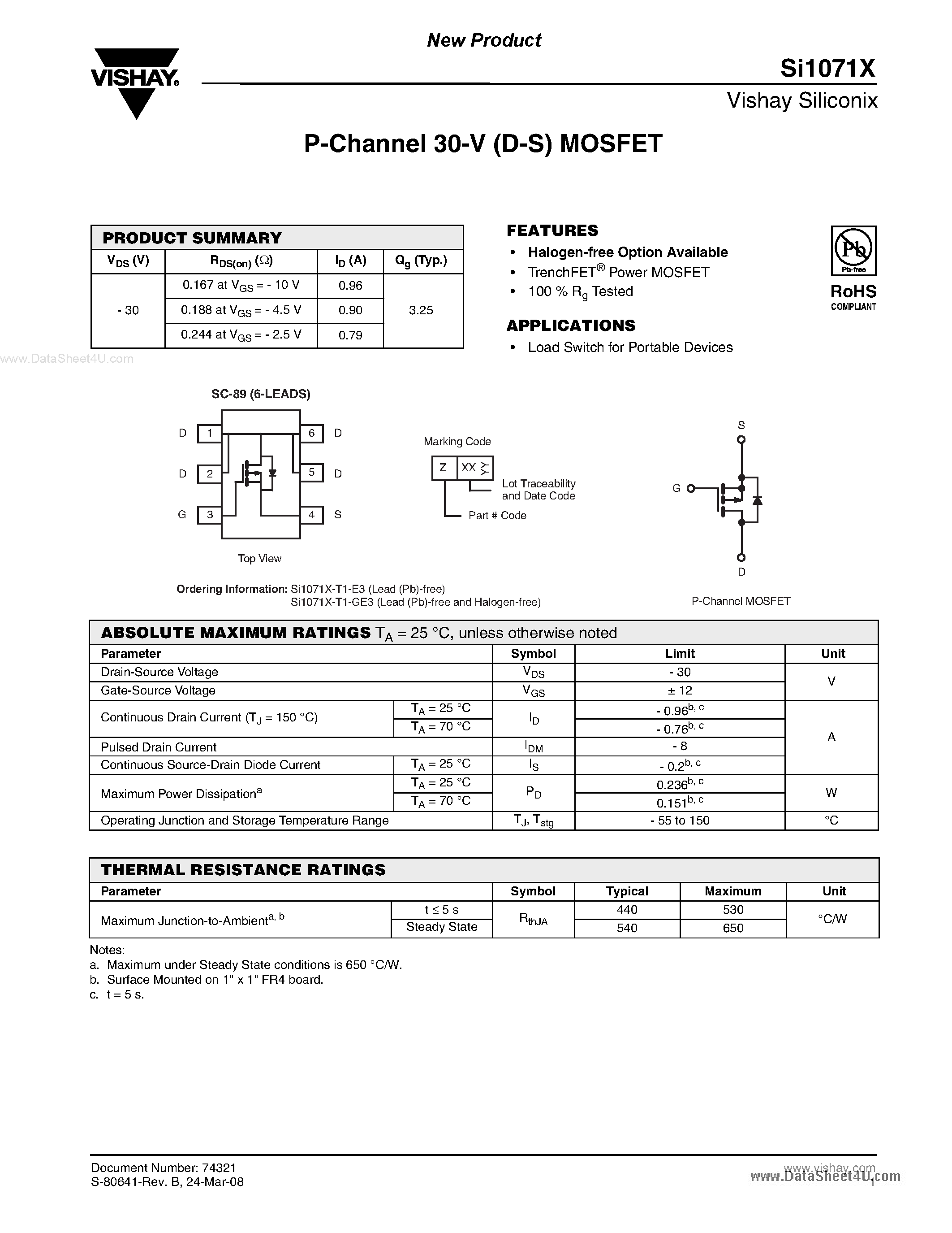 Даташит SI1071X - P-Channel MOSFET страница 1