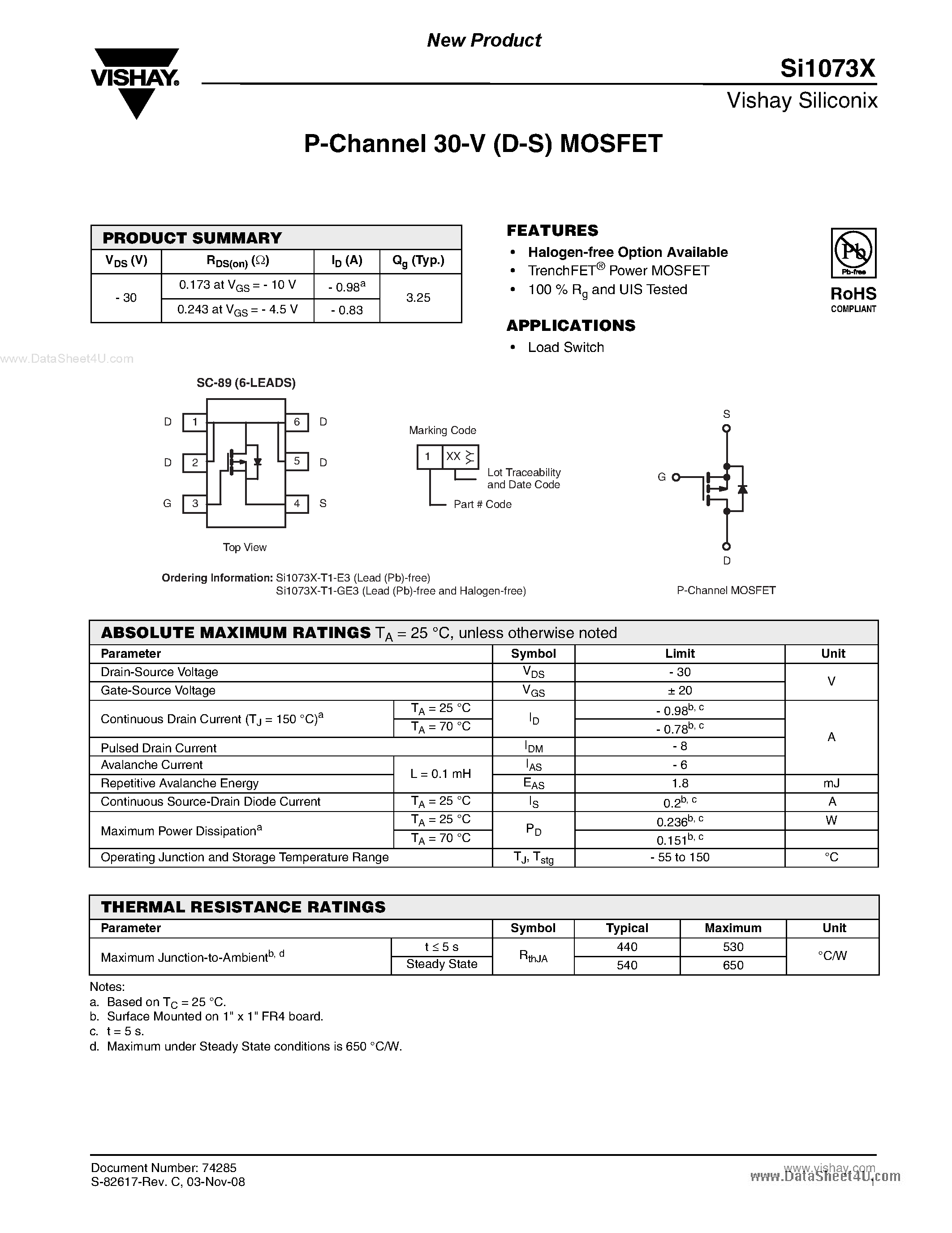 Даташит SI1073X - P-Channel MOSFET страница 1