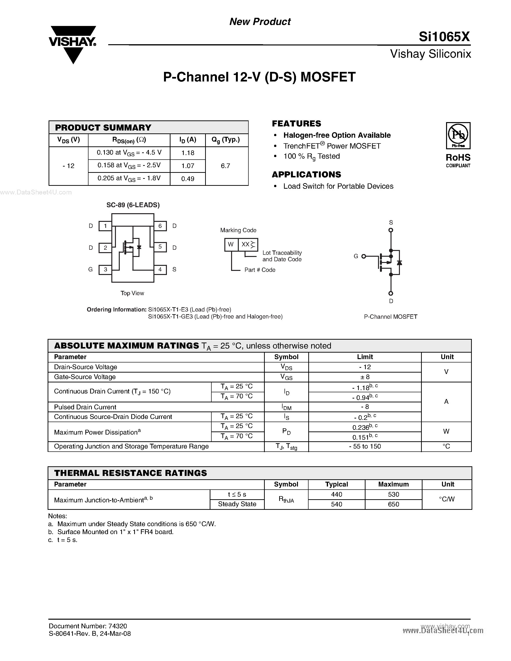 Datasheet SI1065X - P-Channel MOSFET page 1