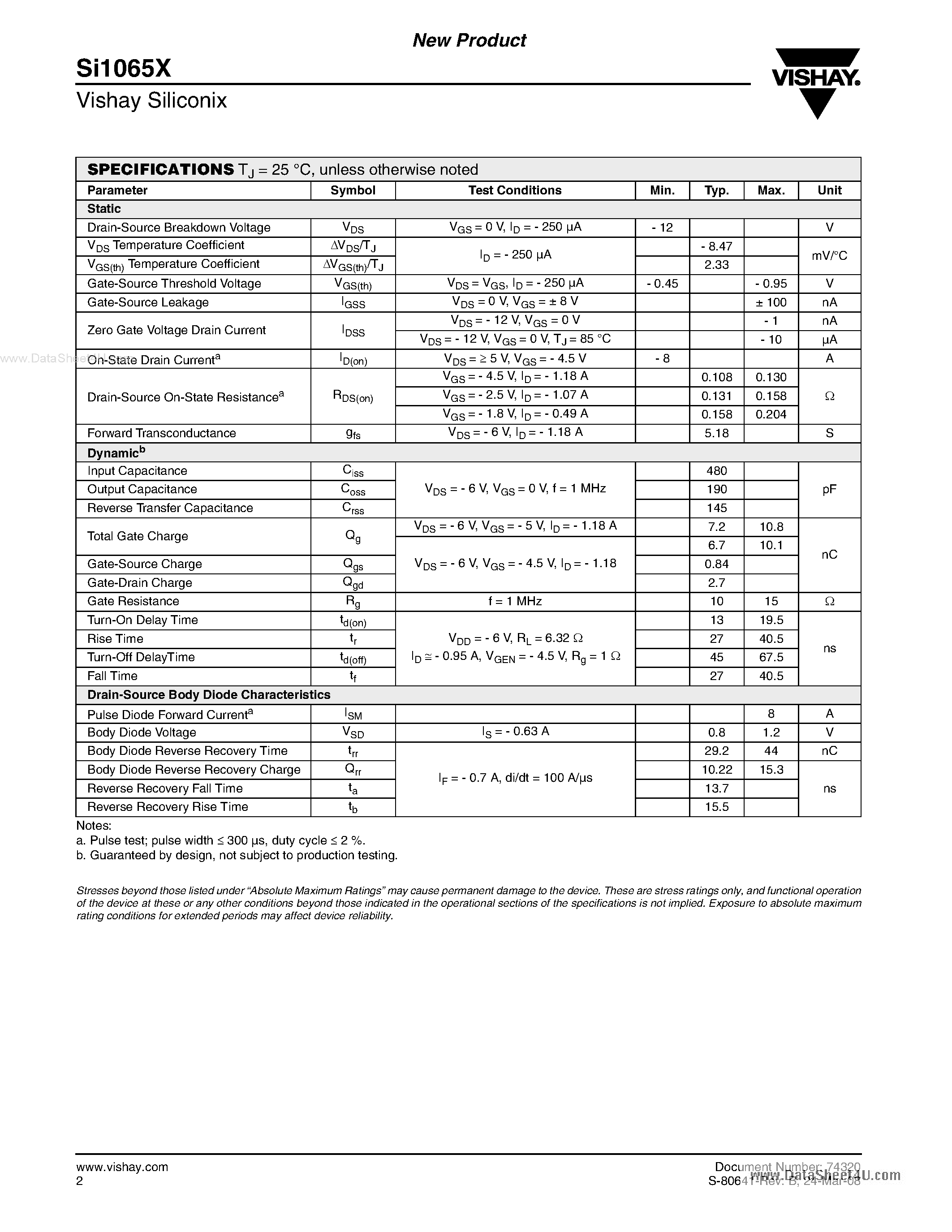 Datasheet SI1065X - P-Channel MOSFET page 2