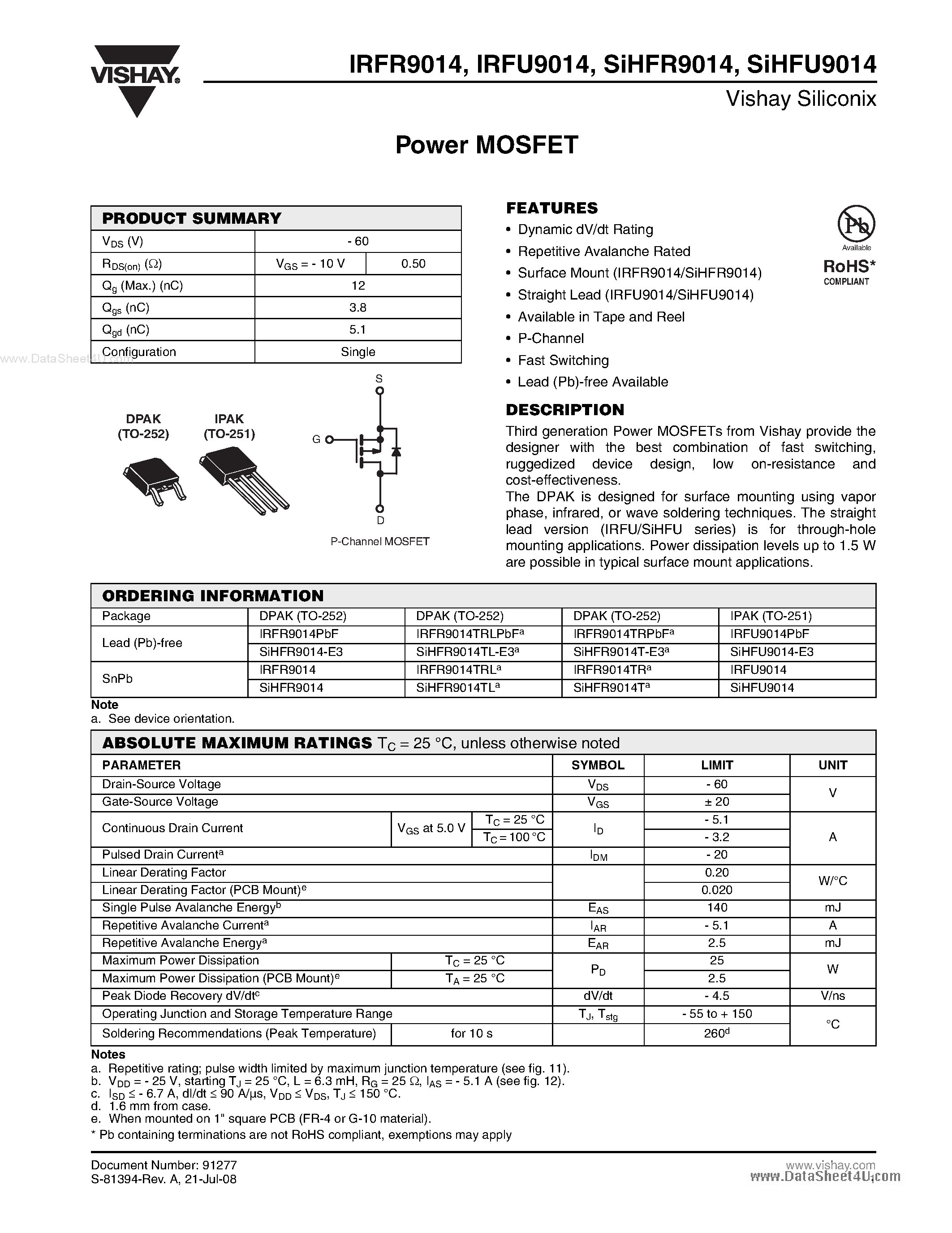 Даташит IRFU9014 - Power MOSFET страница 1