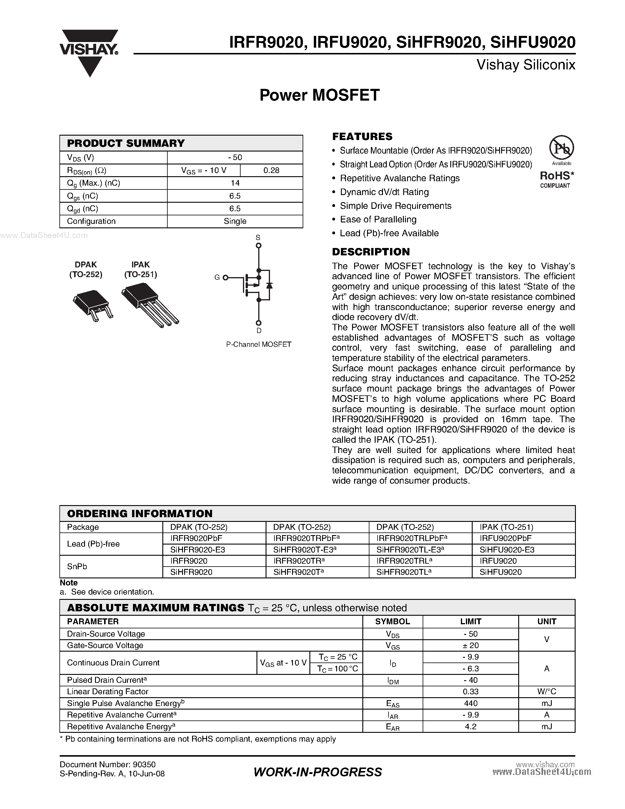 Даташит IRFR9020 - Power MOSFET страница 1