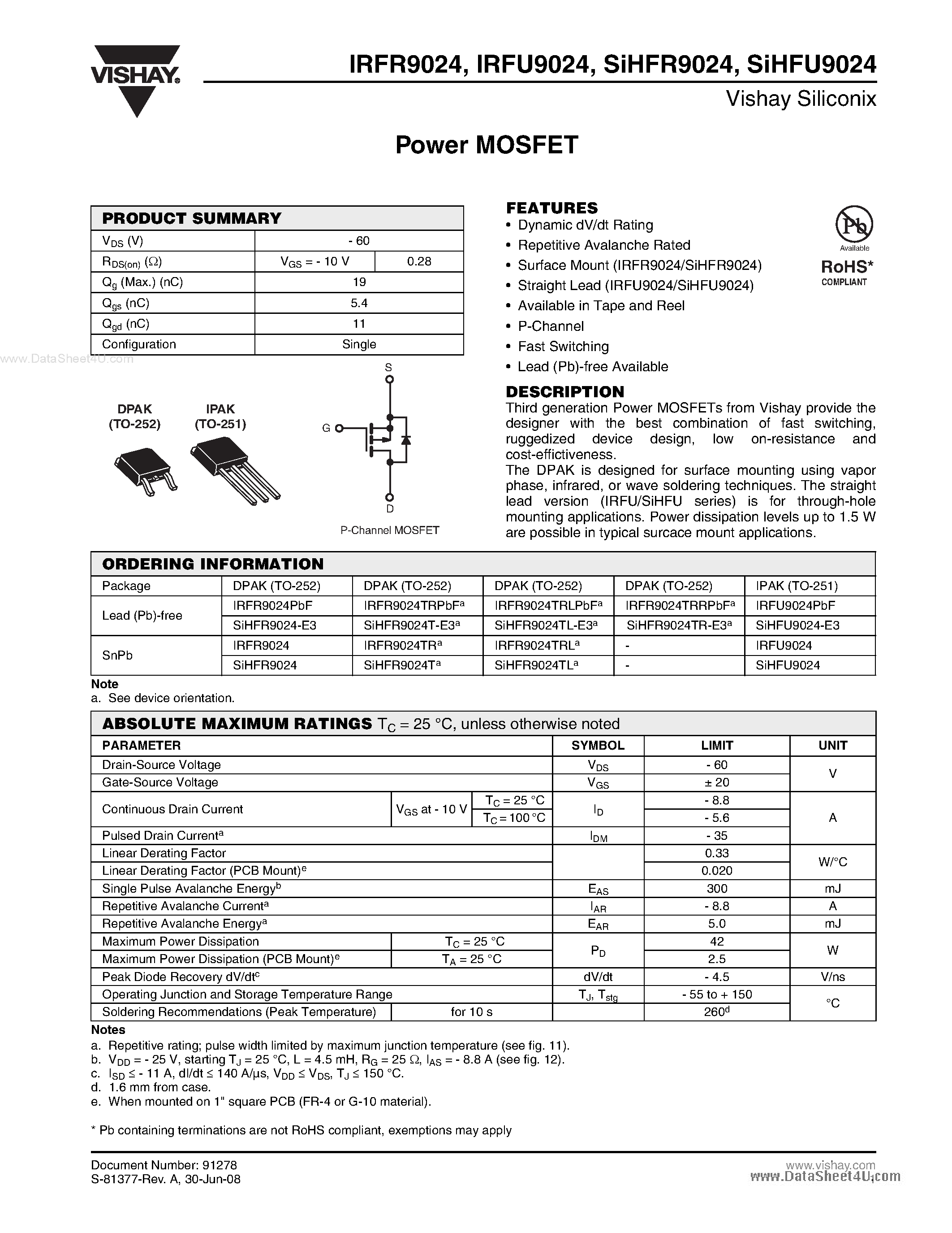 Даташит IRFR9024 - Power MOSFET страница 1