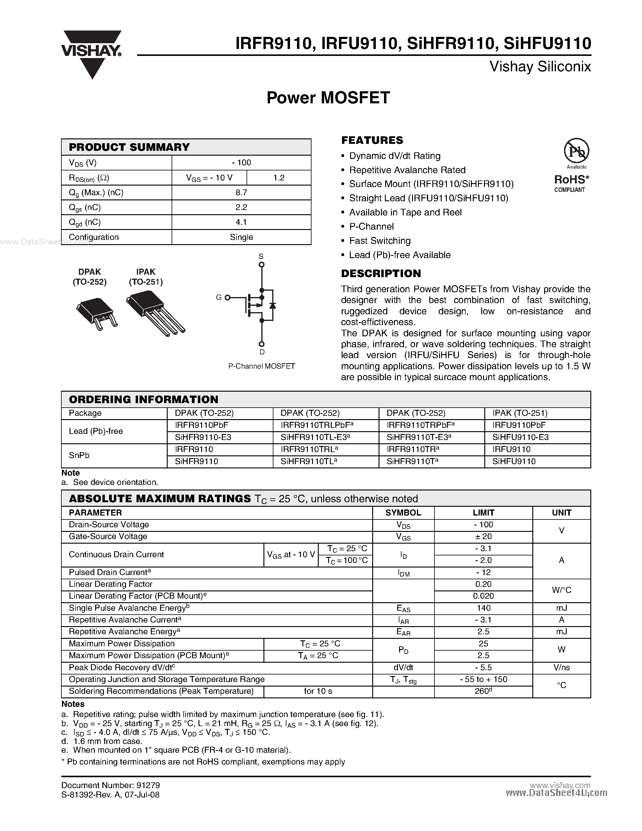 Даташит IRFR9110 - Power MOSFET страница 1