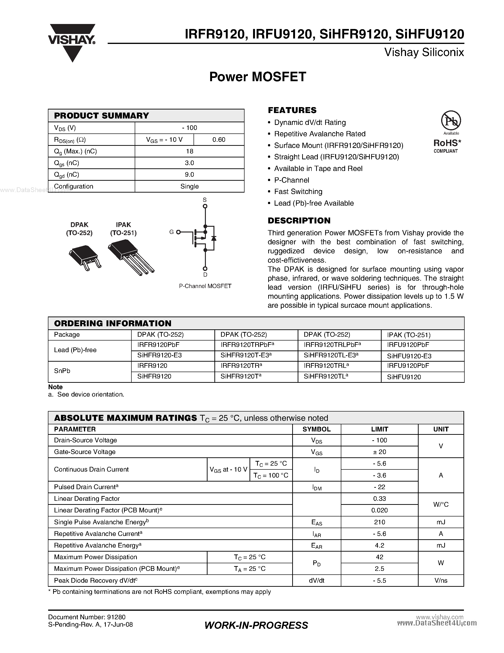 Даташит IRFR9120 - Power MOSFET страница 1