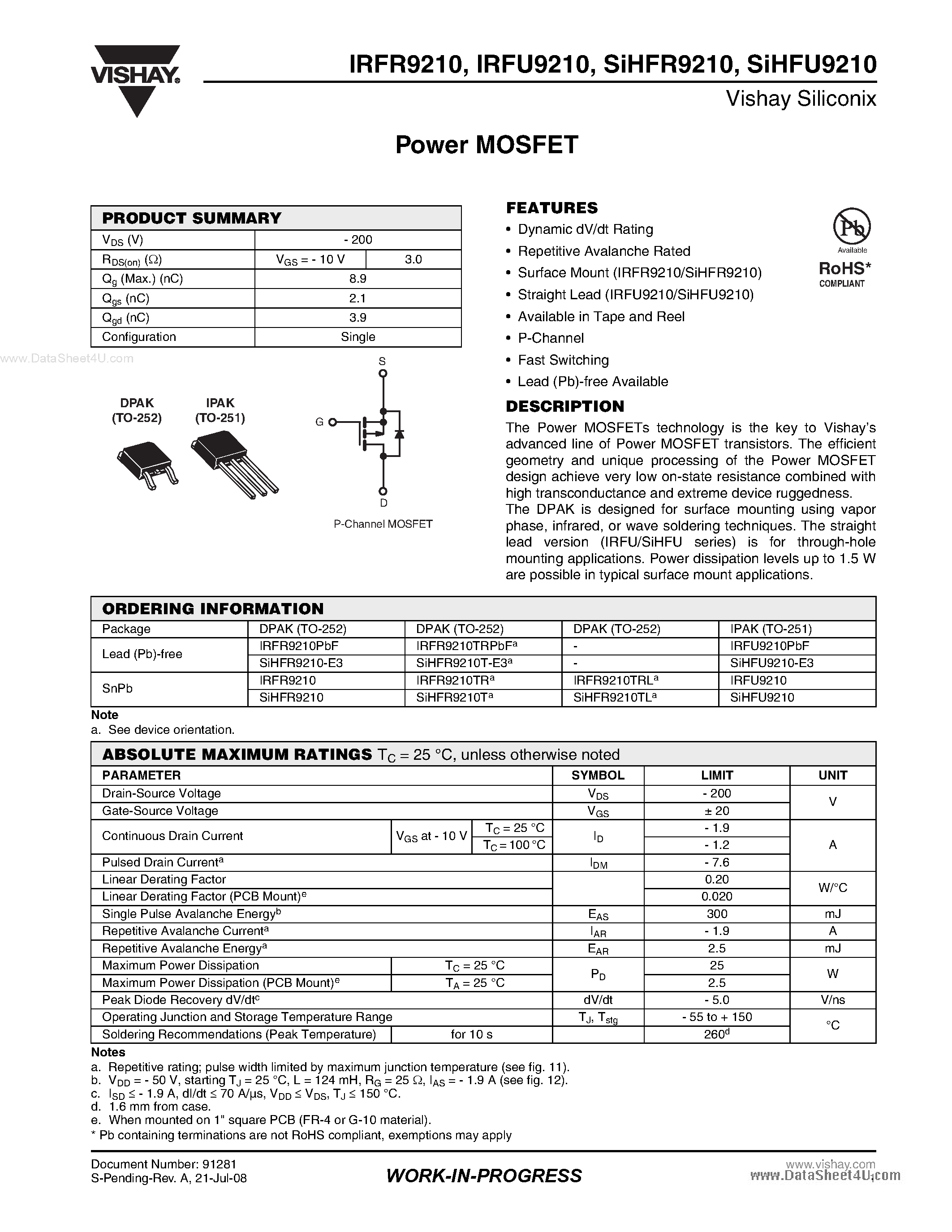 Даташит IRFR9210 - Power MOSFET страница 1