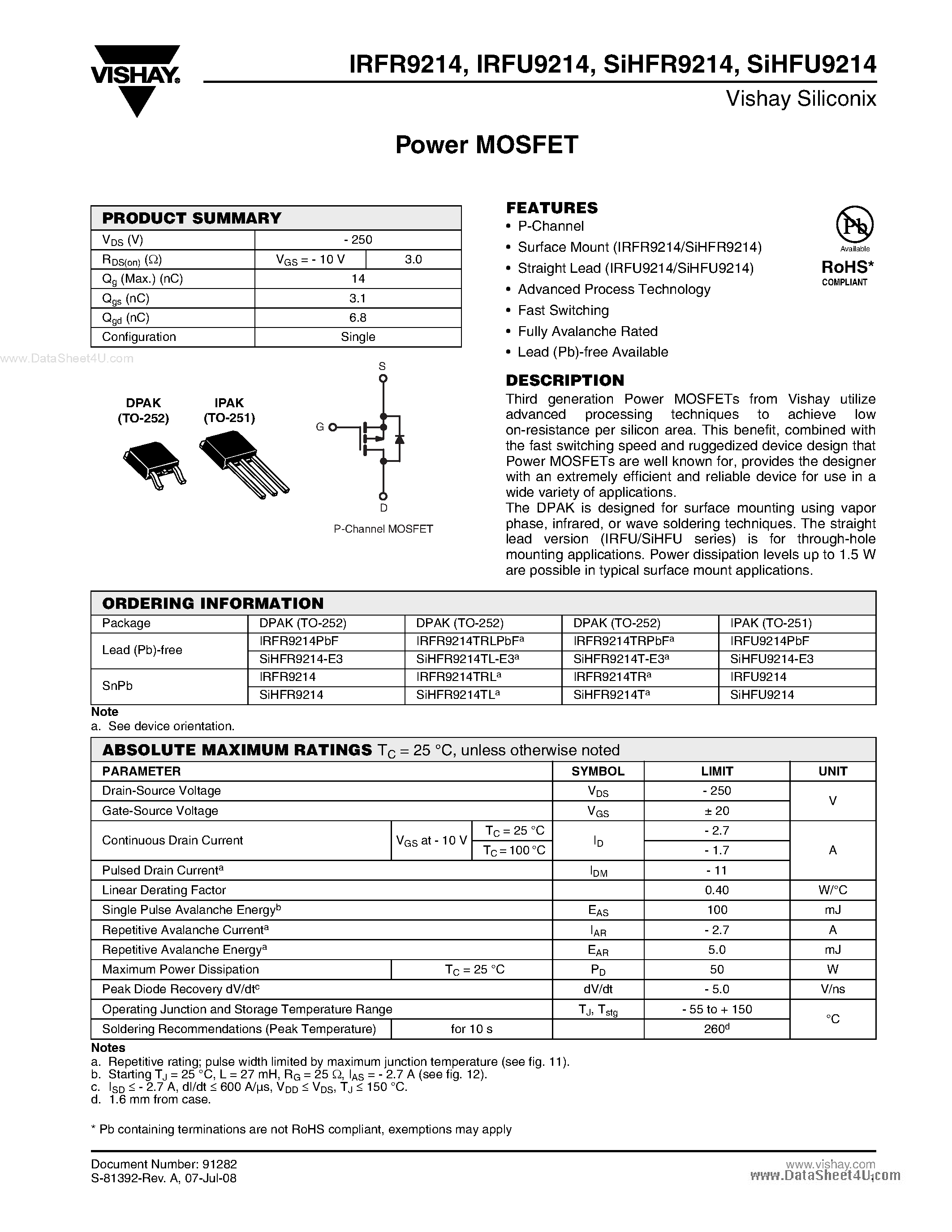 Даташит IRFR9214 - Power MOSFET страница 1