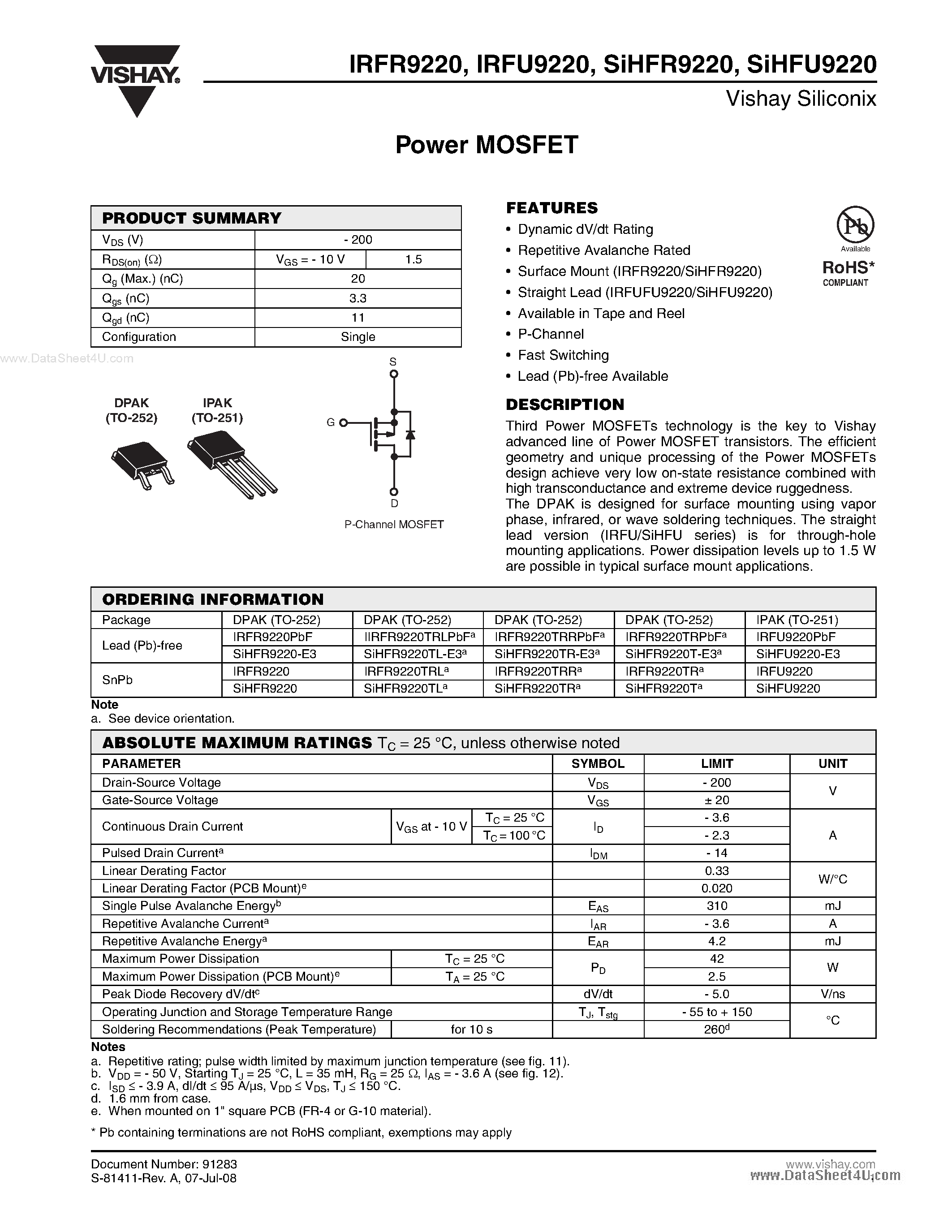 Даташит IRFU9220 - Power MOSFET страница 1