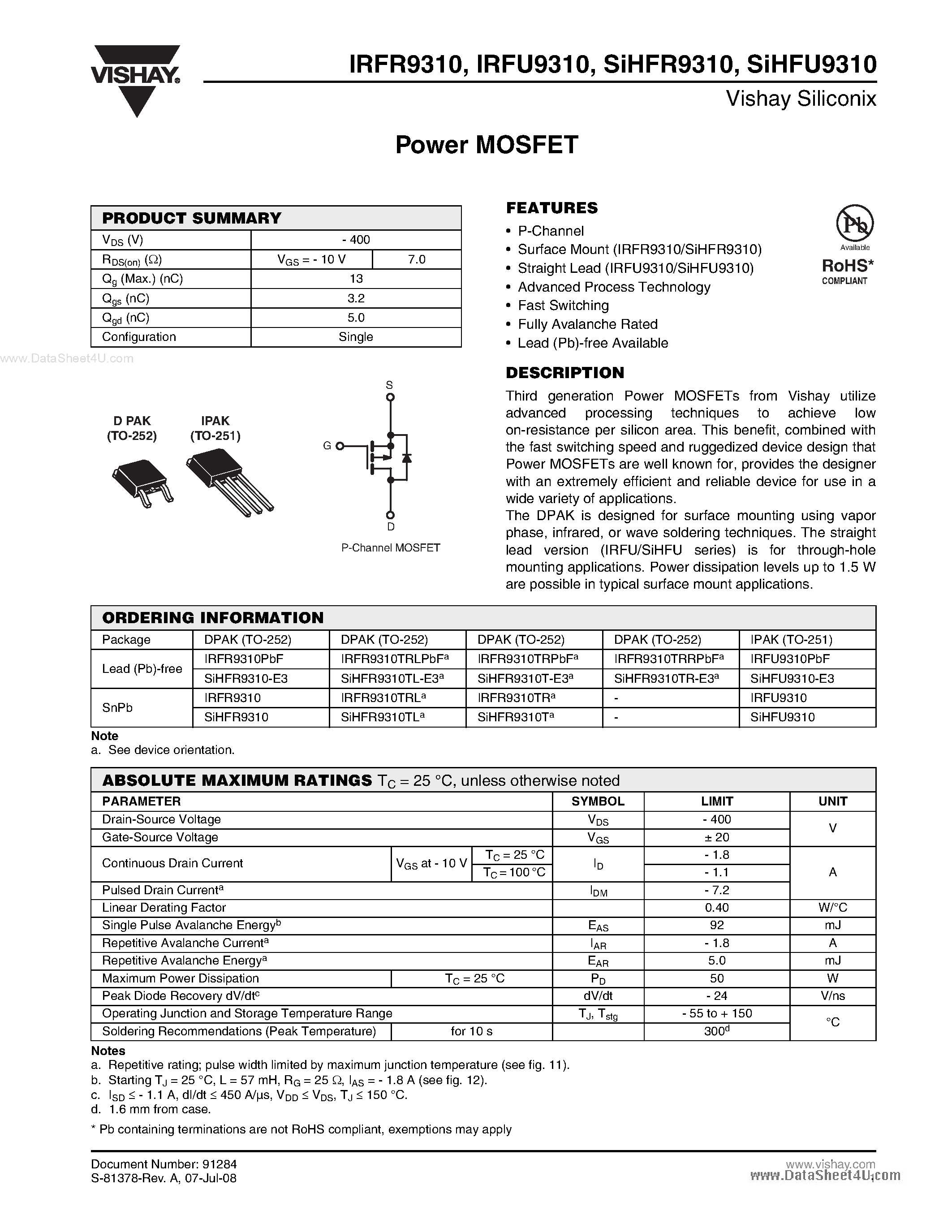 Даташит IRFR9310 - Power MOSFET страница 1