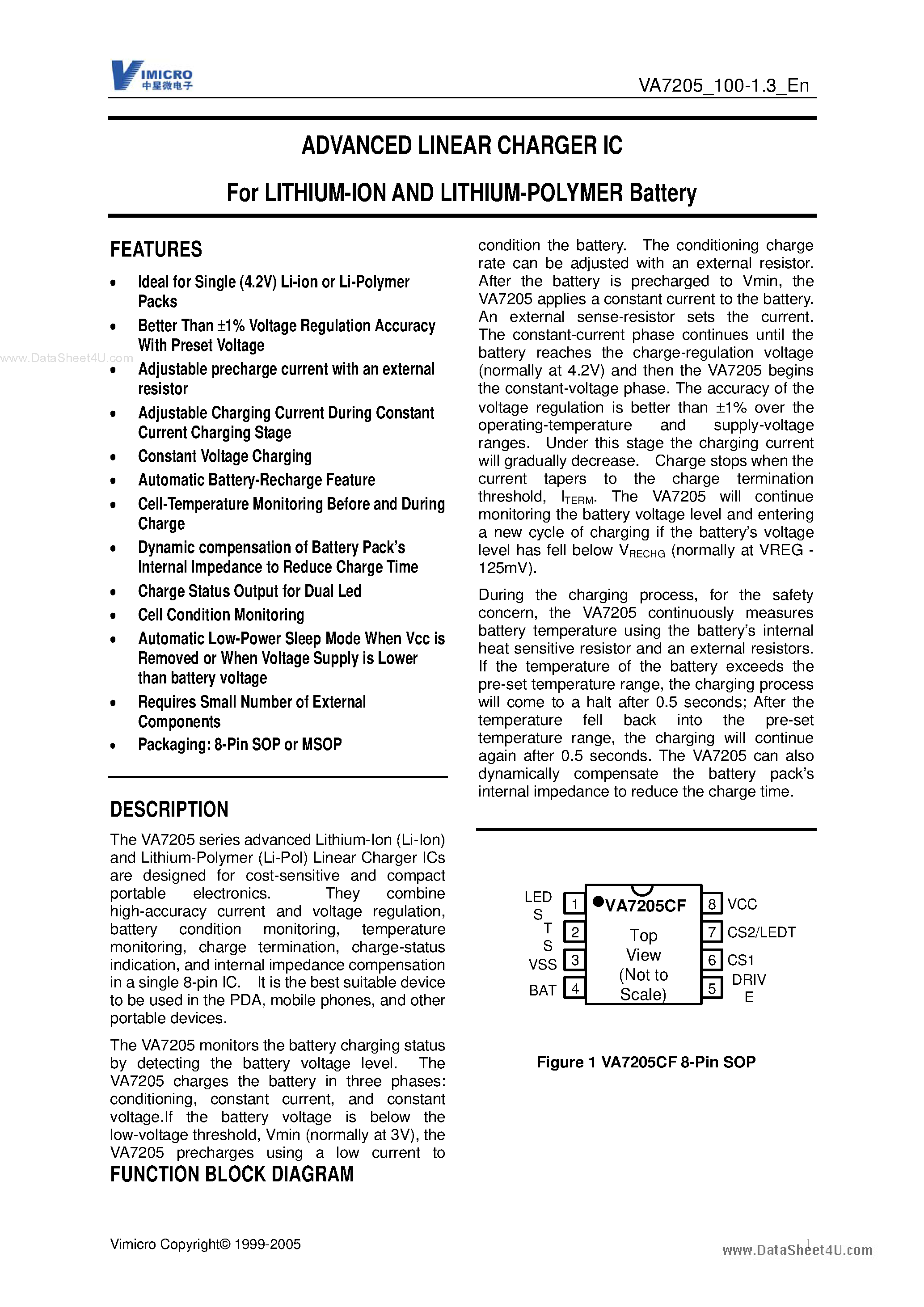 Даташит VA7205 - Advanced Linear Charger IC страница 1