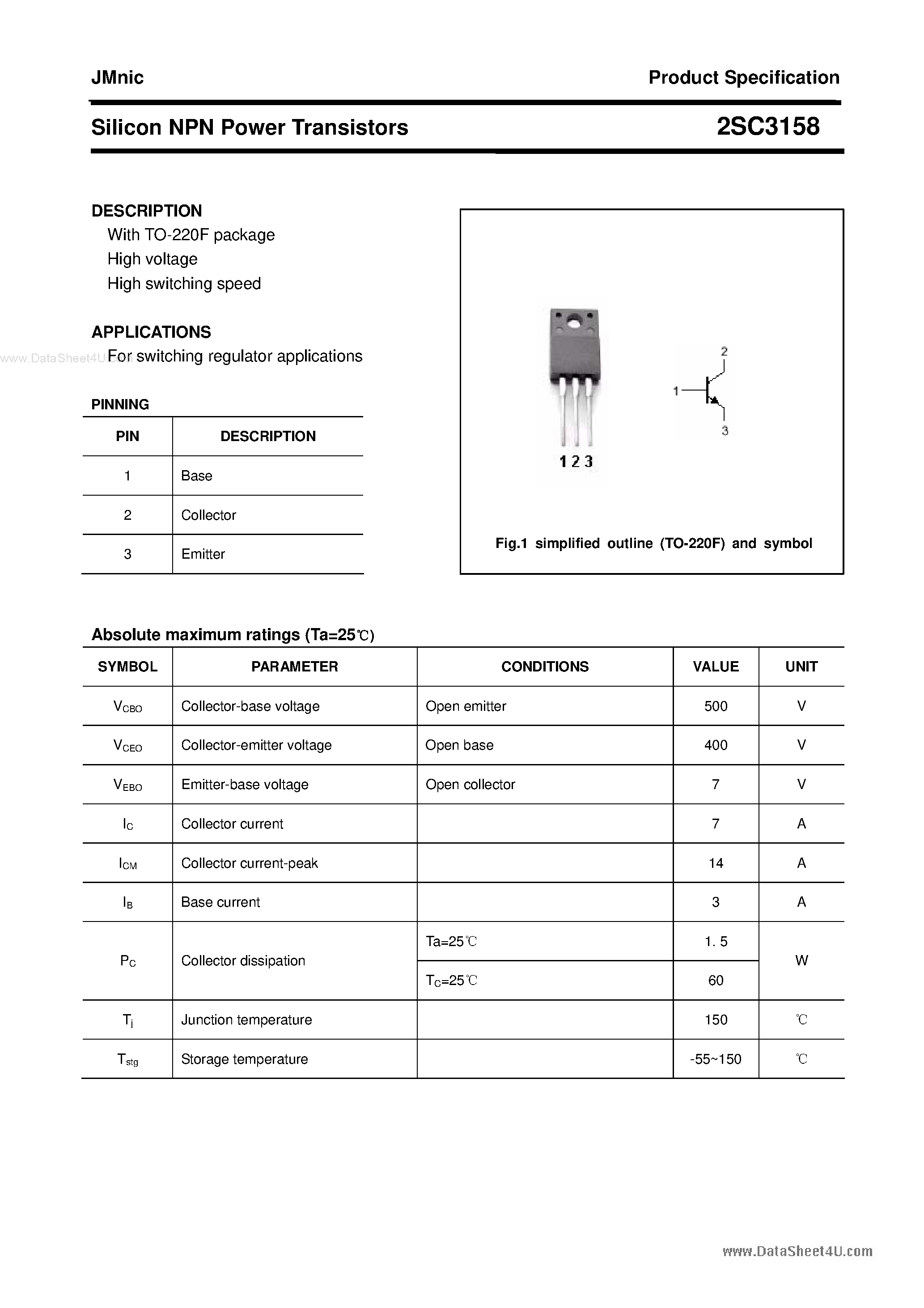 Даташит 2SC3158 - Silicon NPN Power Transistors страница 1