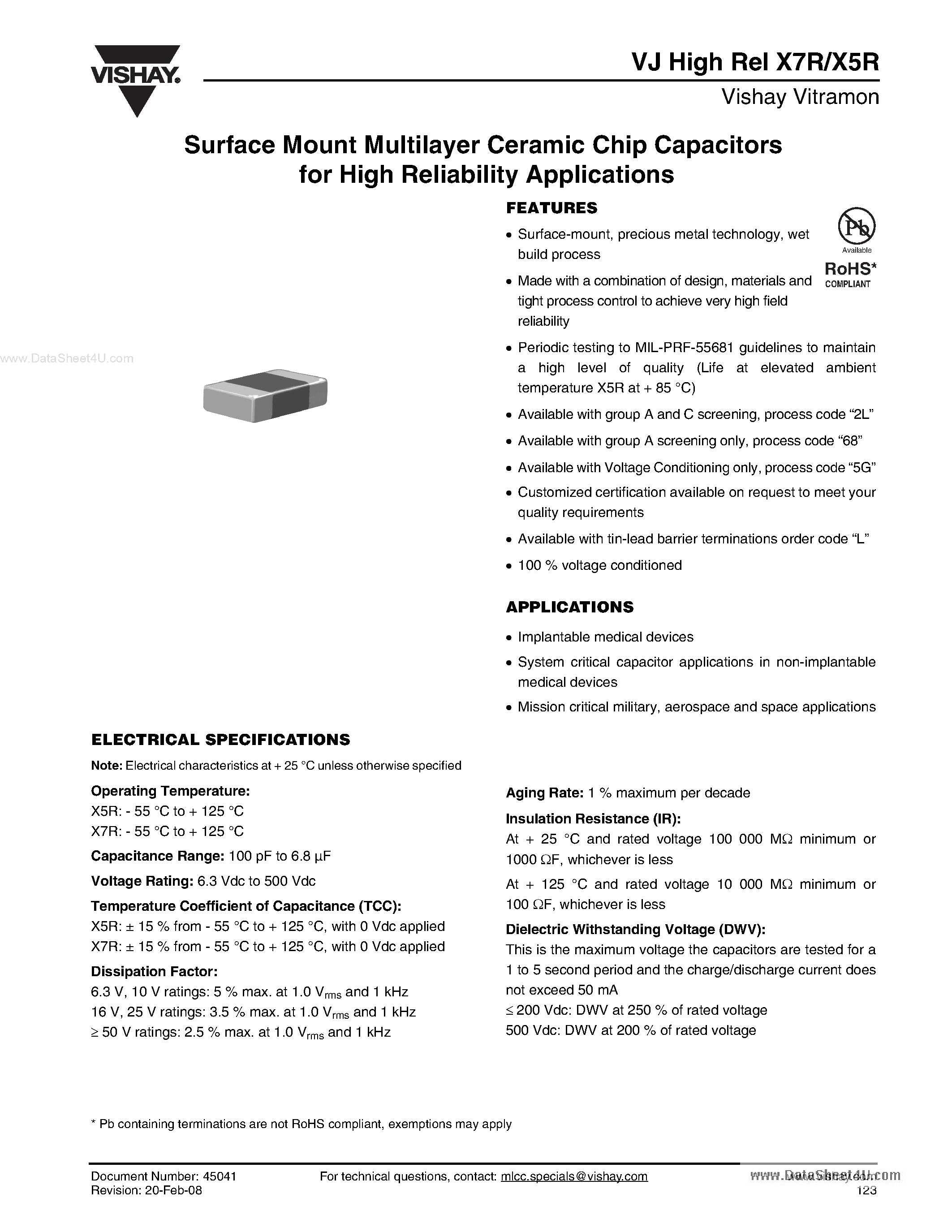 Datasheet VJ0805xxxxxx - Surface Mount Multilayer Ceramic Chip Capacitors page 1