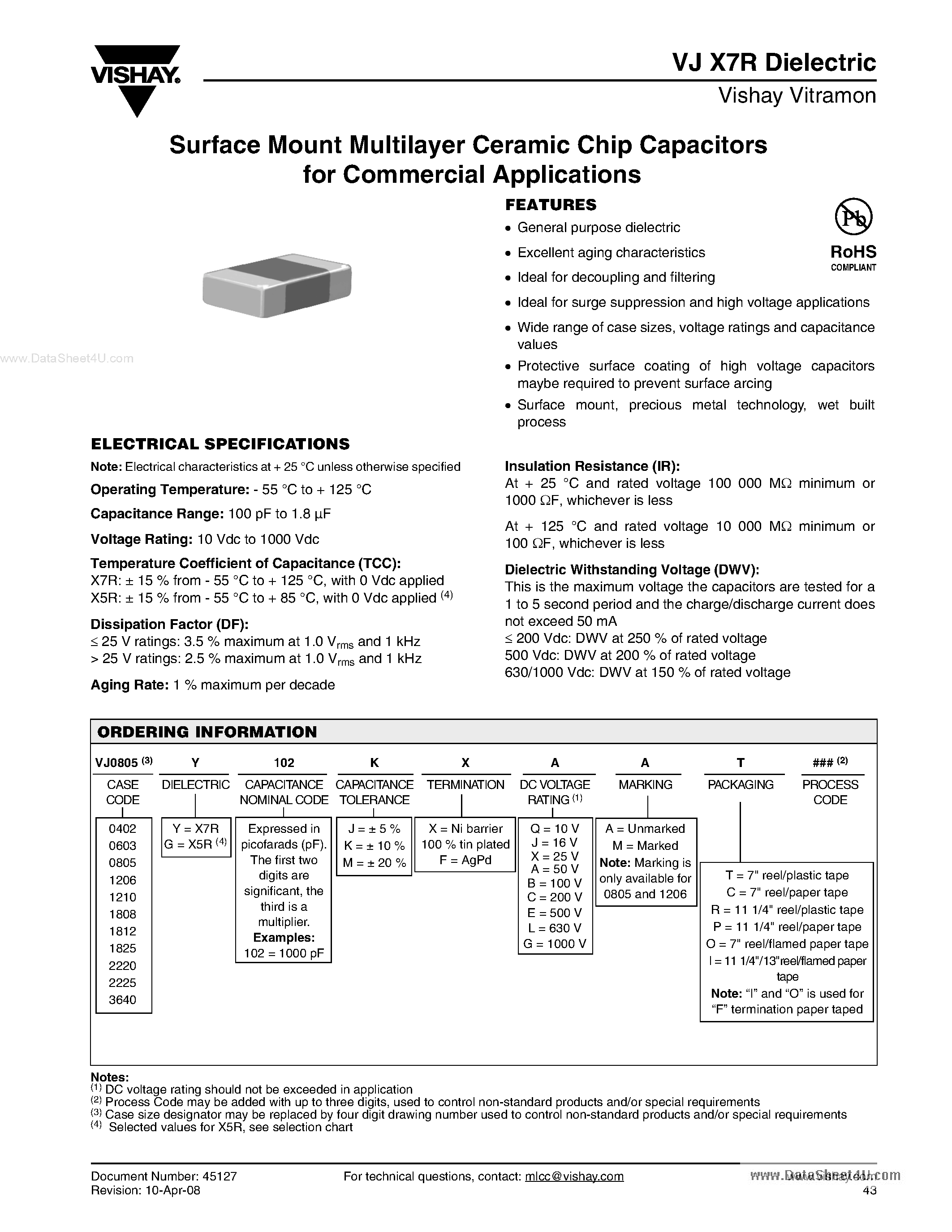 Datasheet VJ0805Y103KXCMT - Surface Mount Multilayer Ceramic Chip Capacitors page 1