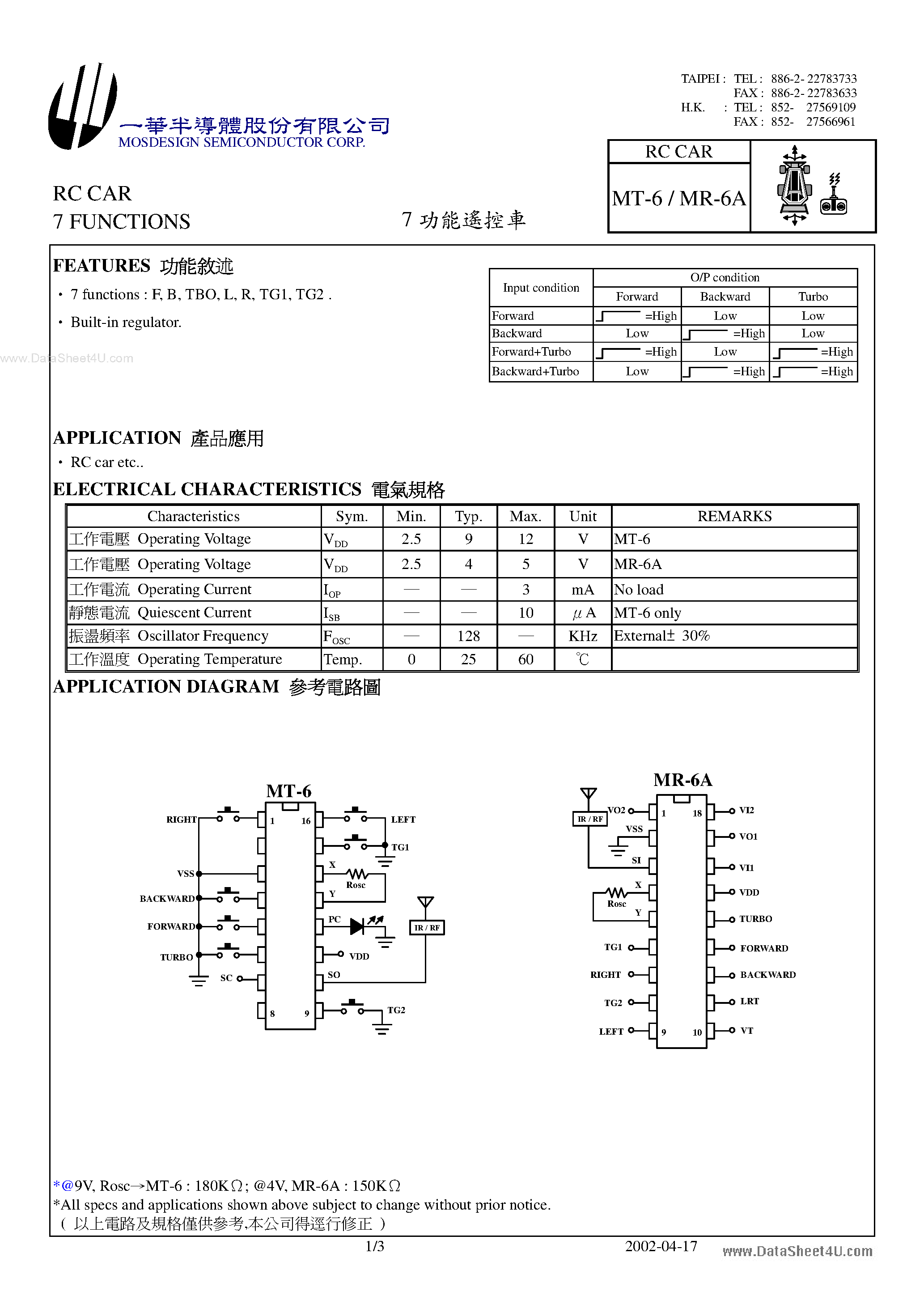 Даташит MT-6 - RC CAR 7 FUNCTIONS страница 1