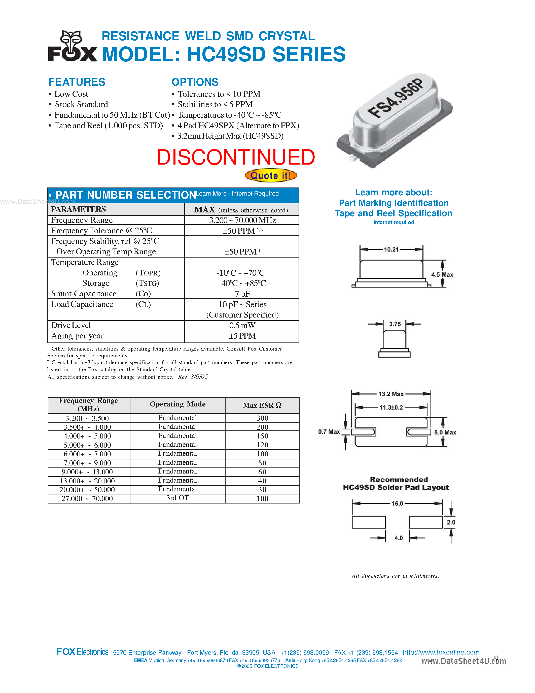 Datasheet HC49SD - RESISTANCE WELD SMD CRYSTAL page 1