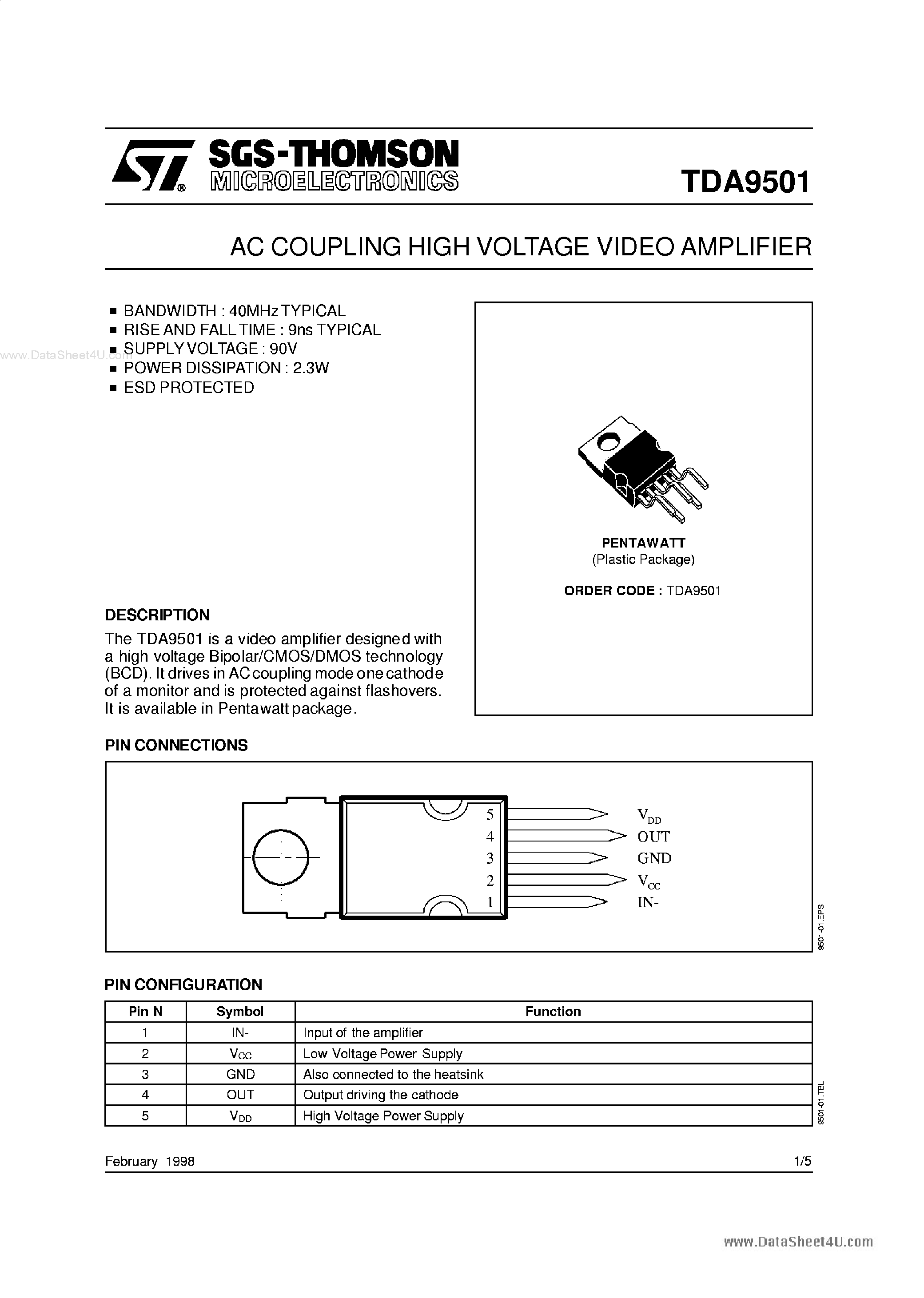 Даташит TDA9501 - AC COUPLING HIGH VOLTAGE VIDEO AMPLIFIER страница 1